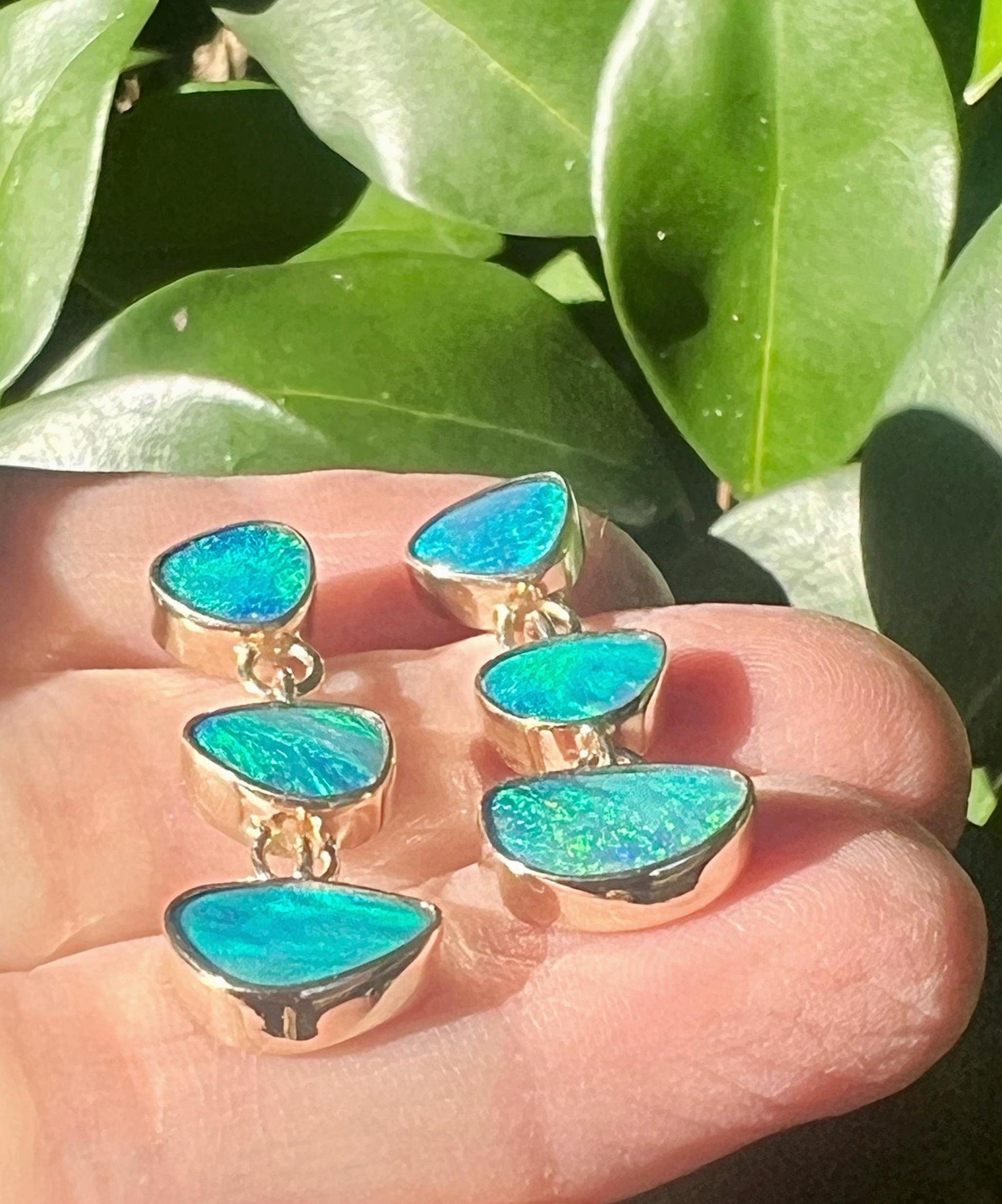 Australian Opals in 14k Gold Earrings, OOAK blue stone earrings, October birthstone jewelry