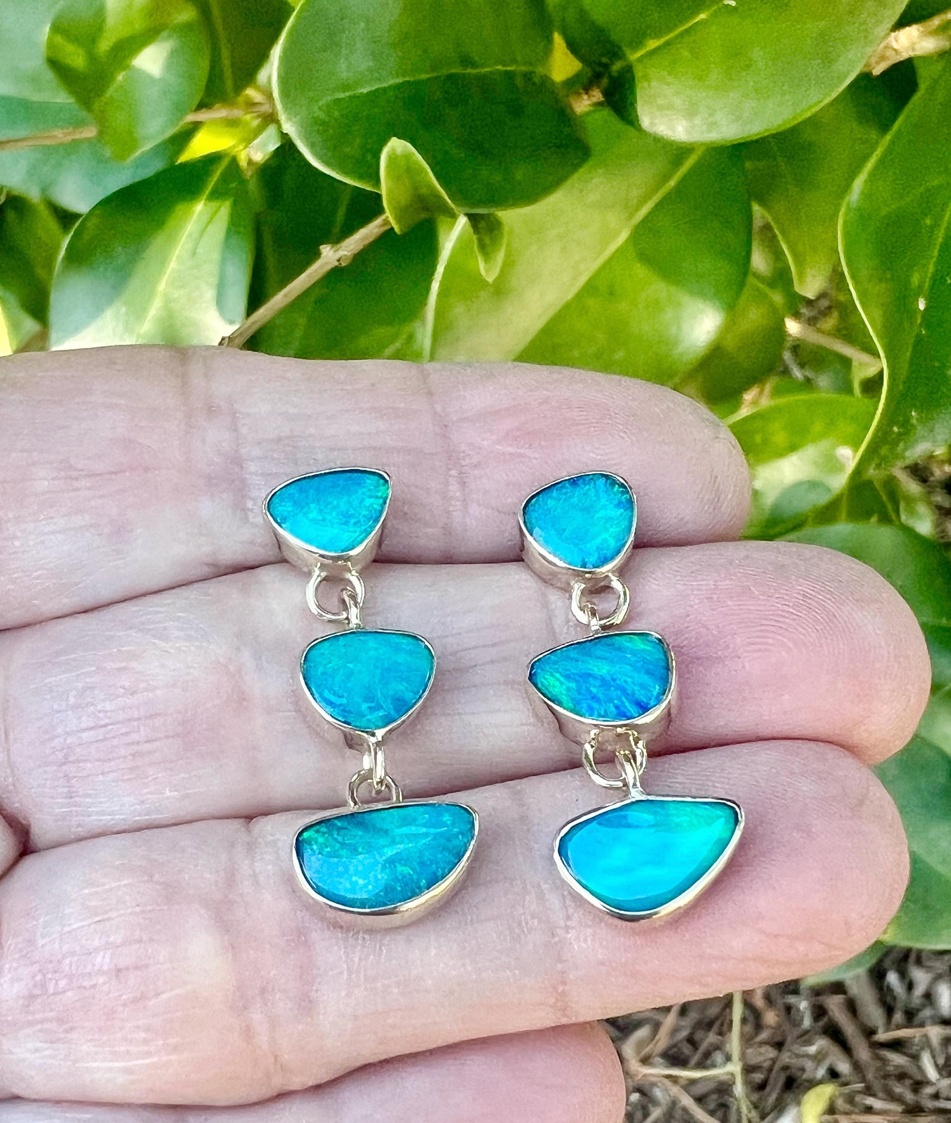 Australian Opals in 14k Gold Earrings, OOAK blue stone earrings, October birthstone jewelry