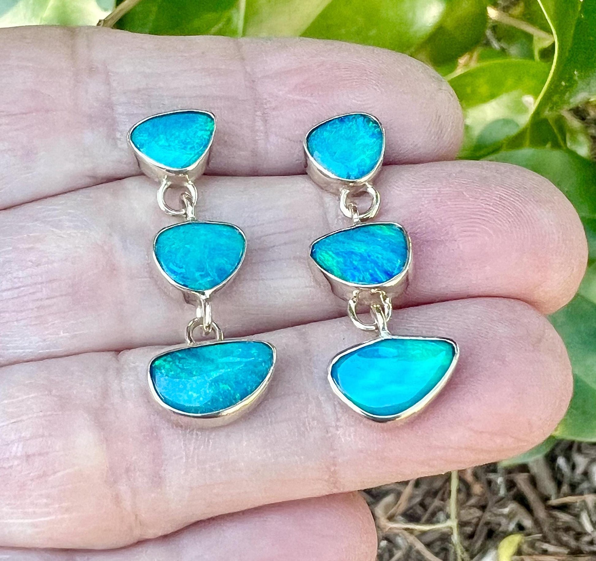 Australian Opals in 14k Gold Earrings, OOAK blue stone earrings, October birthstone jewelry