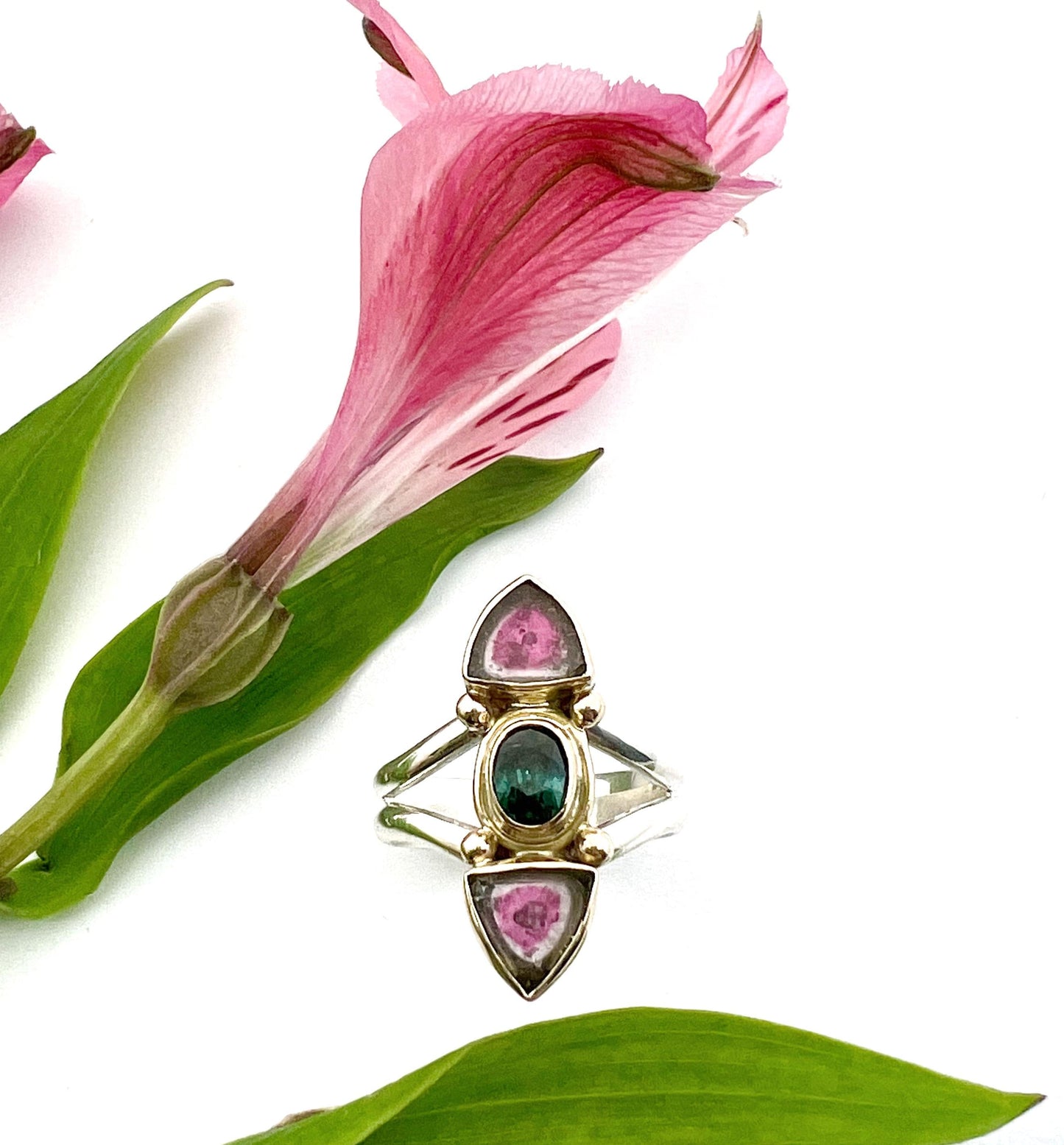 Watermelon Tourmaline Slice Ring, Gemstone Statement Ring in 14k and Sterling