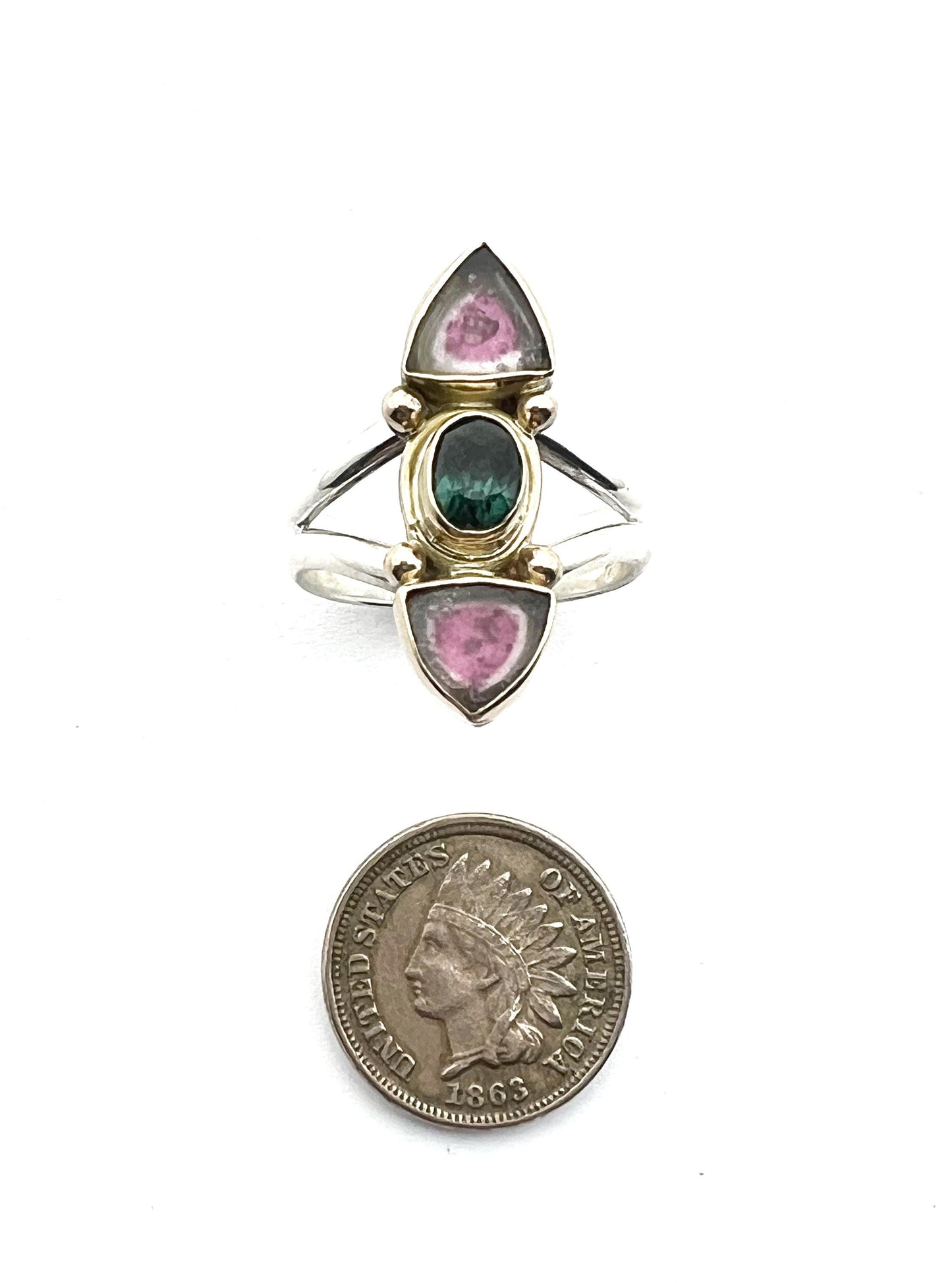 Watermelon Tourmaline Slice Ring, Gemstone Statement Ring in 14k and Sterling