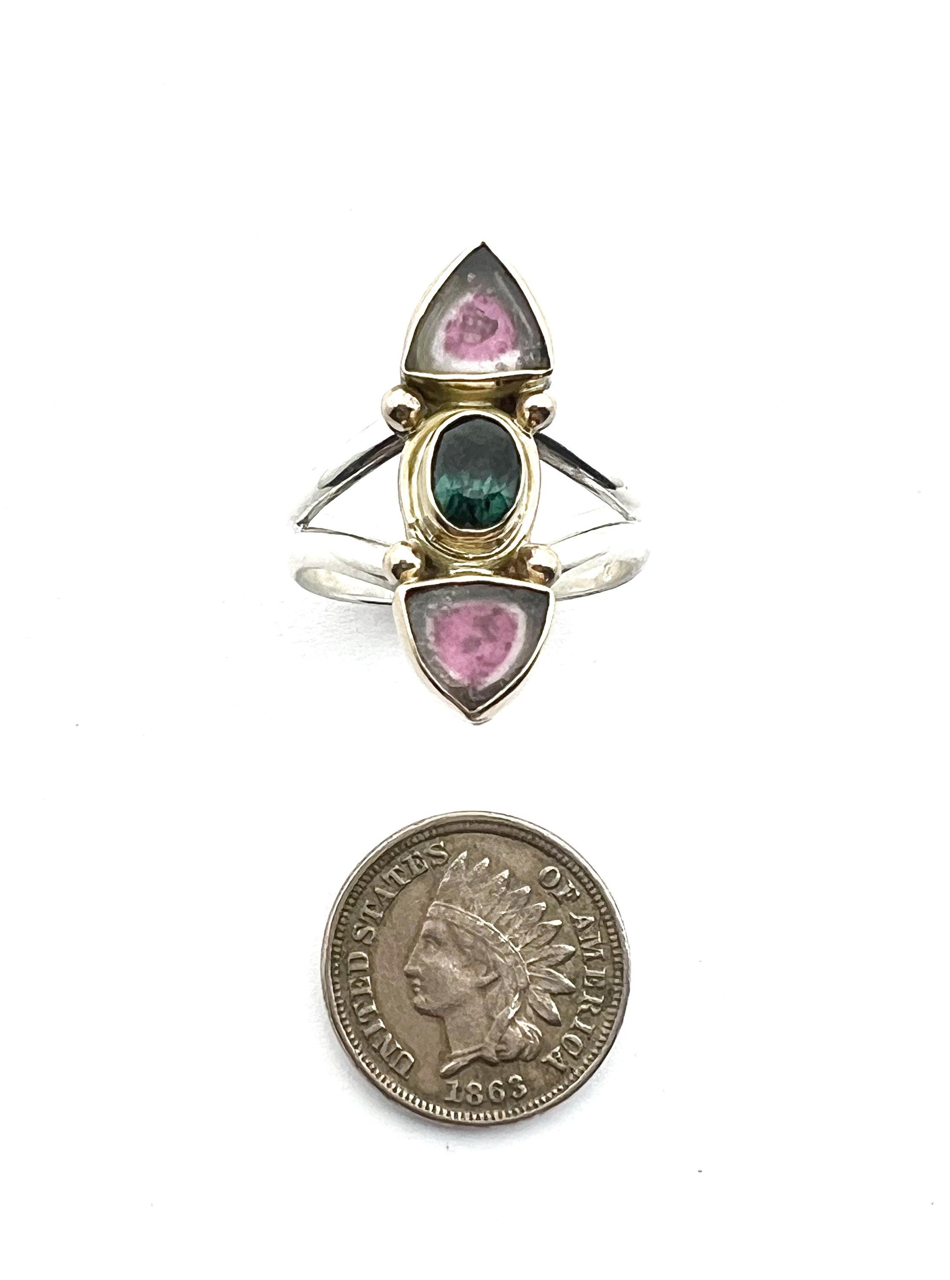 Watermelon Tourmaline Slice Ring, Gemstone Statement Ring in 14k and Sterling