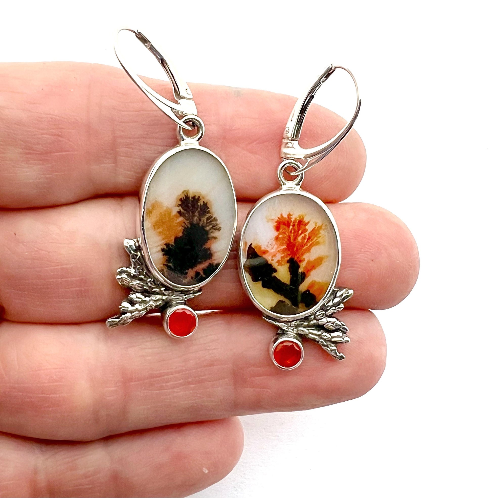 Dendritic Agate and Fire Opal Earrings, Floral Earrings in Sterling Silver
