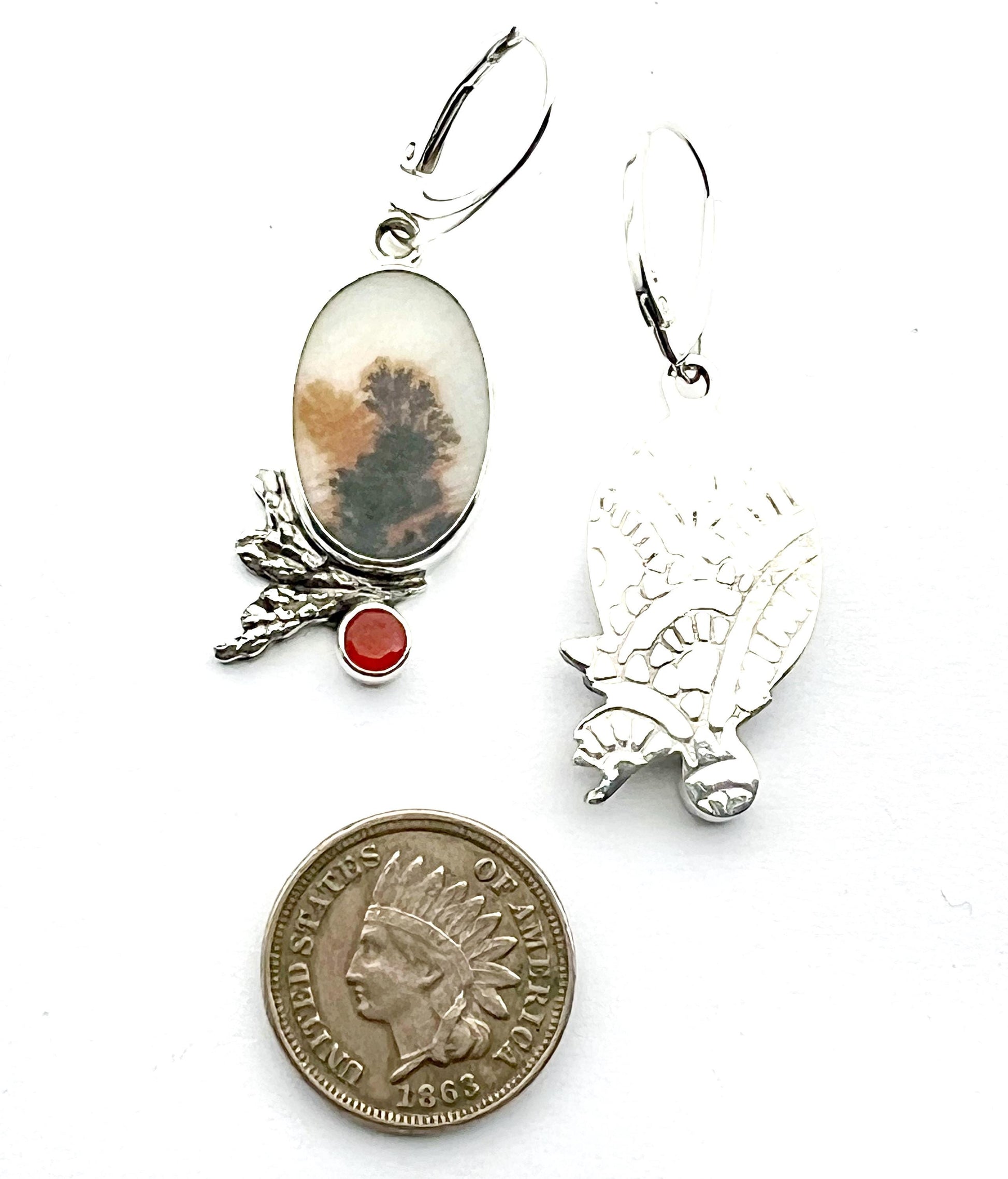 Dendritic Agate and Fire Opal Earrings, Floral Earrings in Sterling Silver