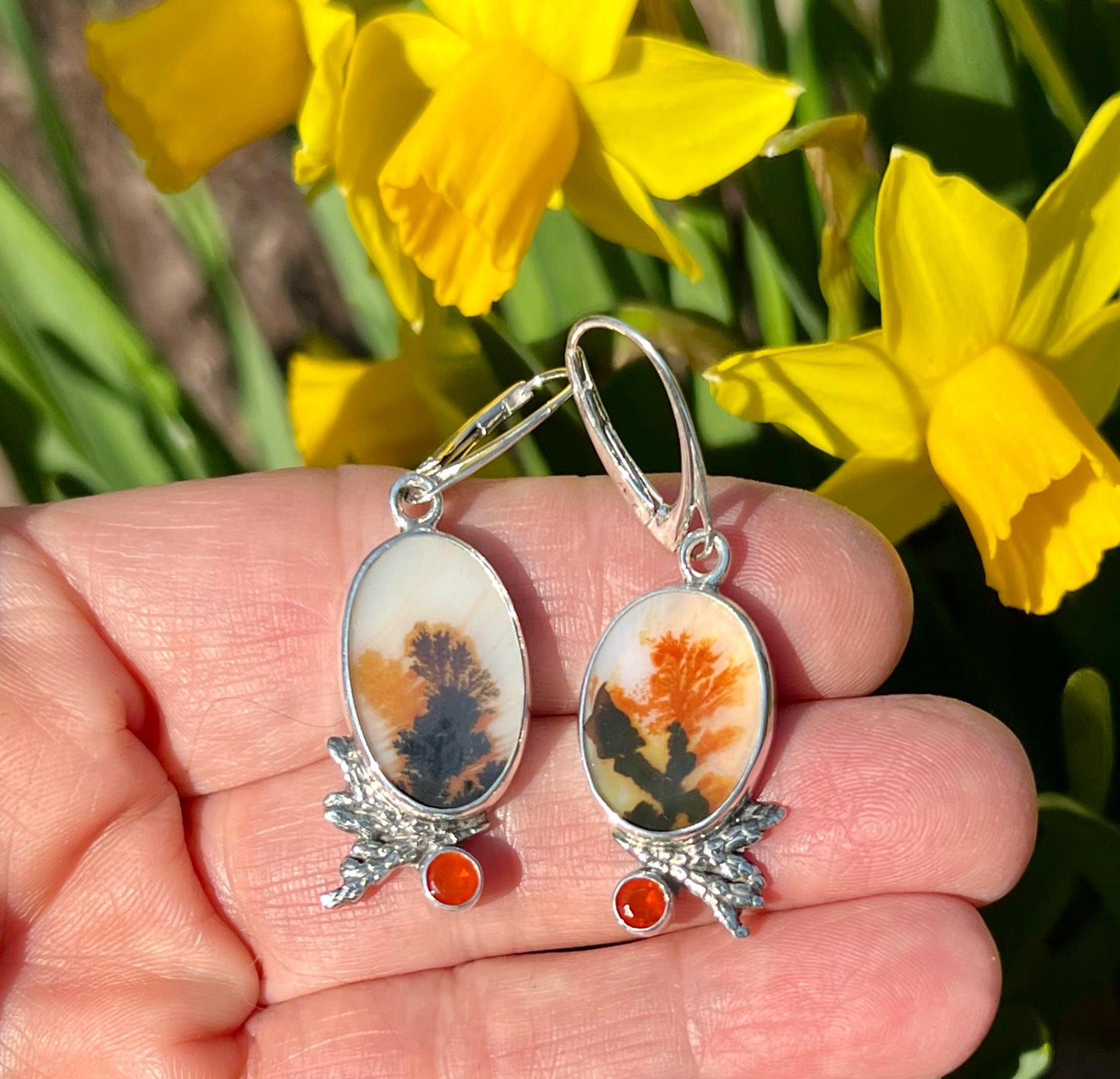 Dendritic Agate and Fire Opal Earrings, Floral Earrings in Sterling Silver