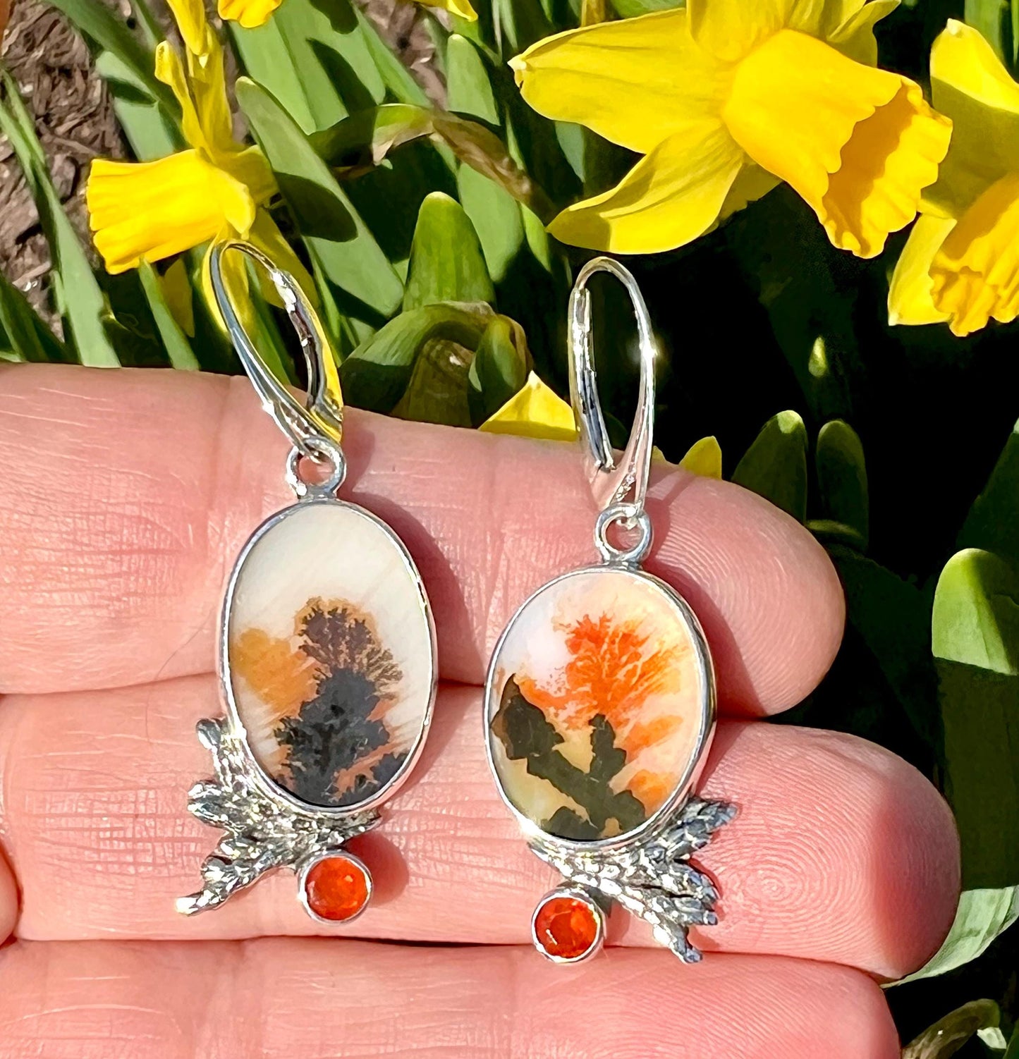 Dendritic Agate and Fire Opal Earrings, Floral Earrings in Sterling Silver
