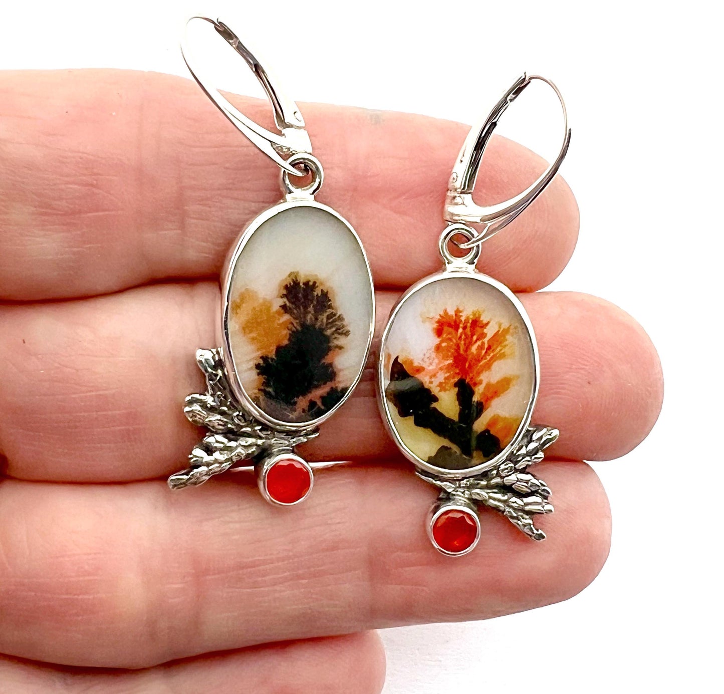 Dendritic Agate and Fire Opal Earrings, Floral Earrings in Sterling Silver