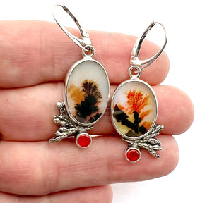 Dendritic Agate and Fire Opal Earrings, Floral Earrings in Sterling Silver