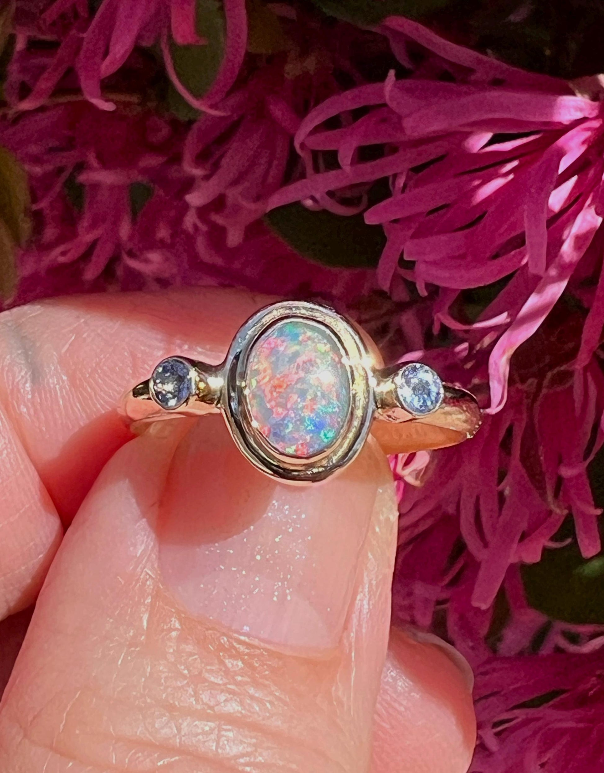 Australian Opal and Tanzanite in 14k Gold, Solid Opal Statement Ring, October Birthstone Ring