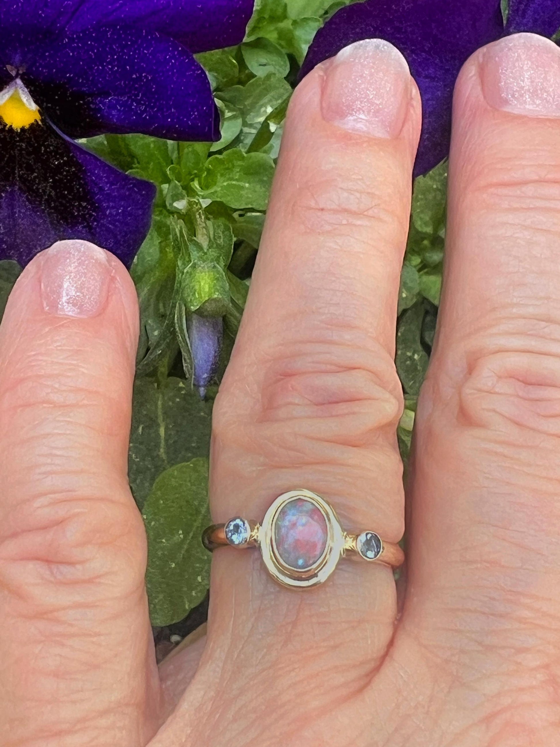Australian Opal and Tanzanite in 14k Gold, Solid Opal Statement Ring, October Birthstone Ring