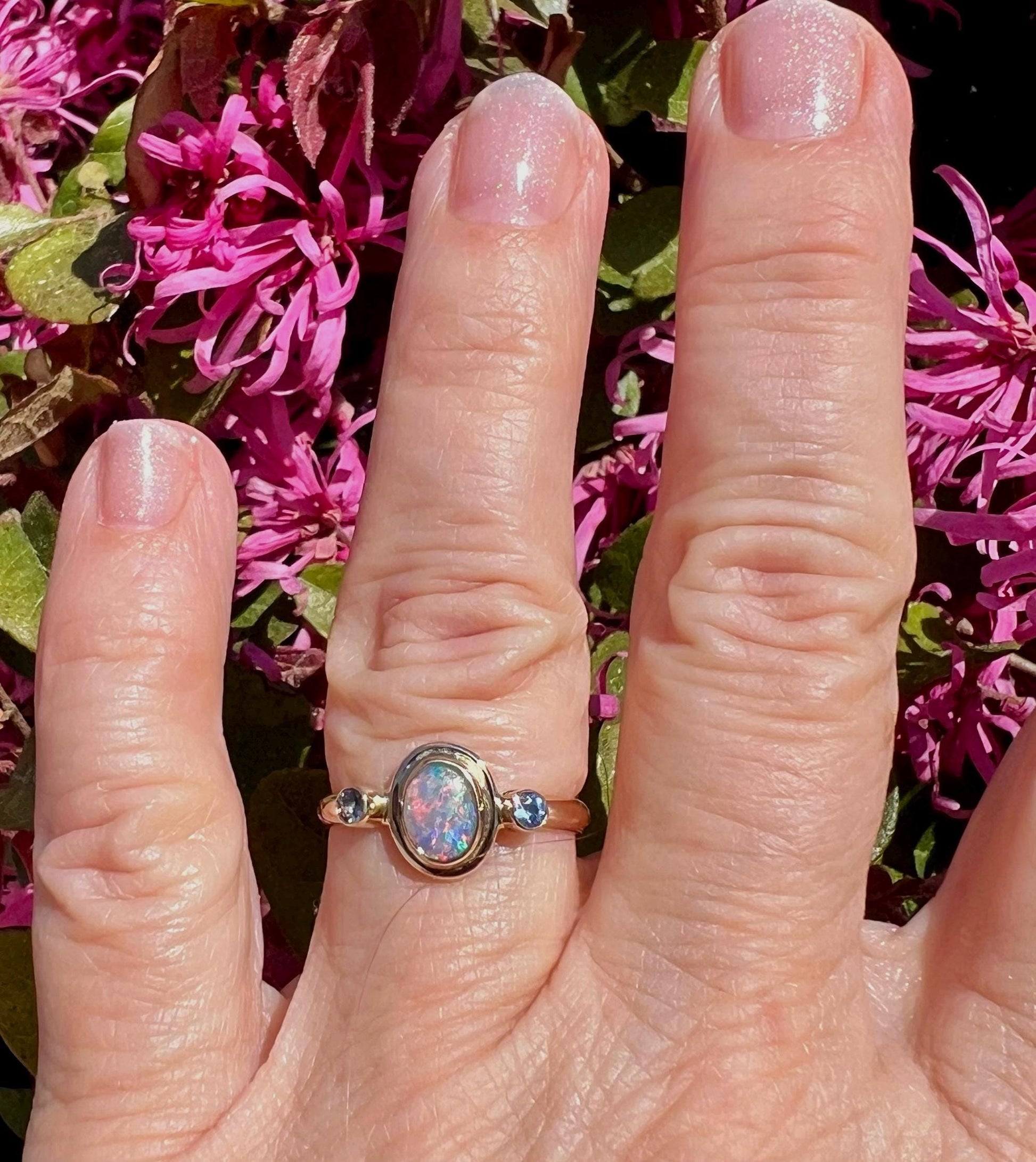 Australian Opal and Tanzanite in 14k Gold, Solid Opal Statement Ring, October Birthstone Ring