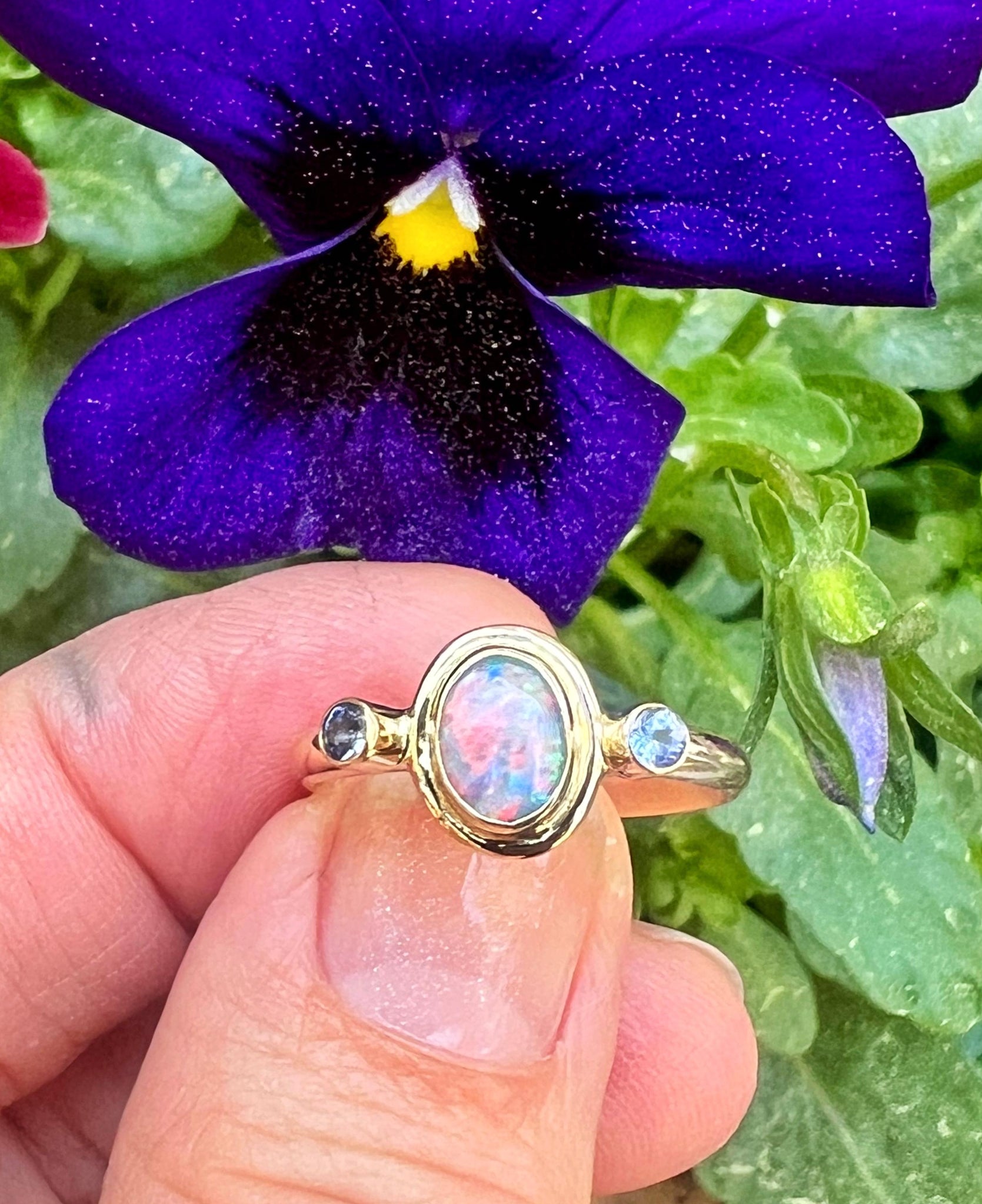 Australian Opal and Tanzanite in 14k Gold, Solid Opal Statement Ring, October Birthstone Ring
