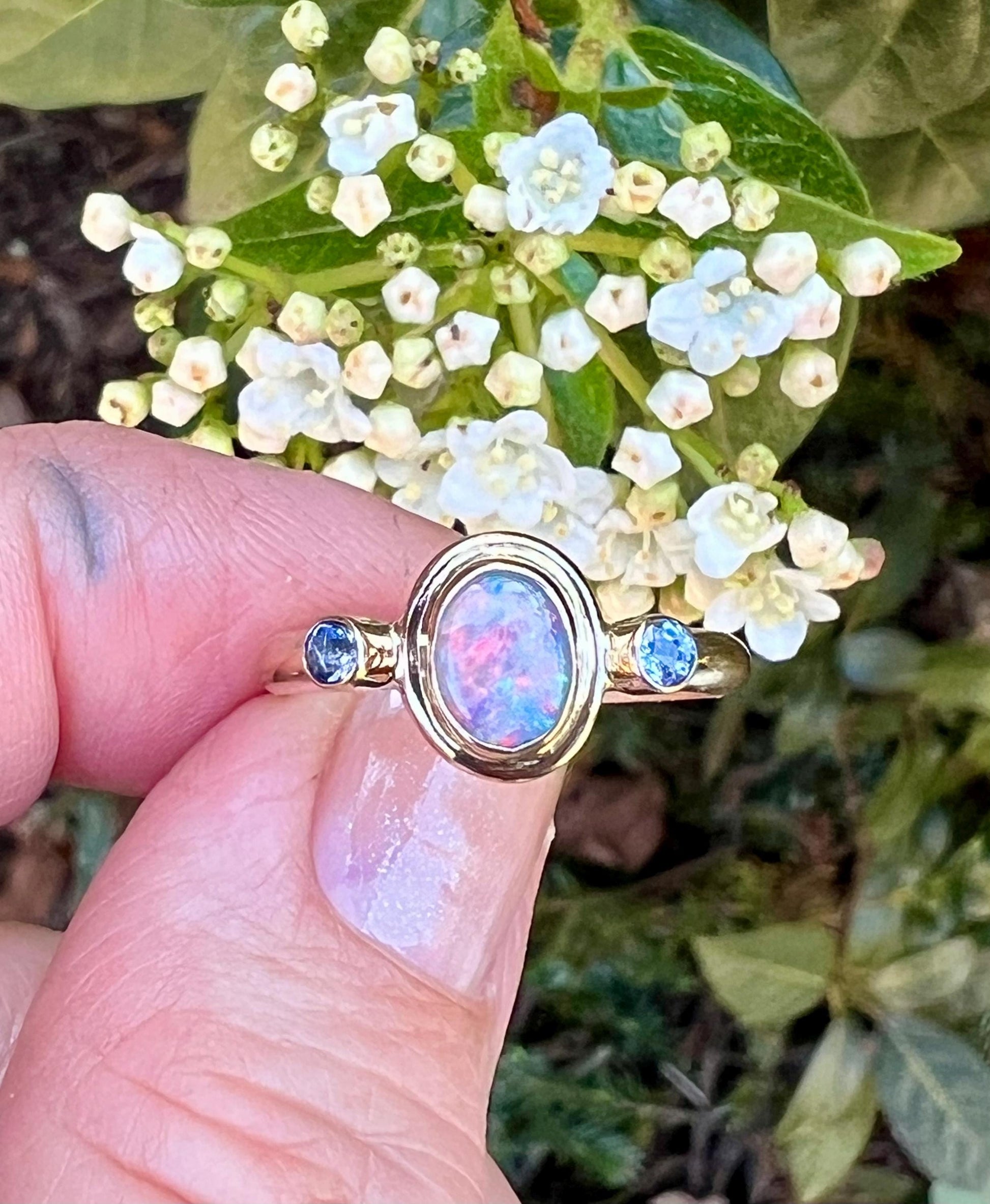 Australian Opal and Tanzanite in 14k Gold, Solid Opal Statement Ring, October Birthstone Ring