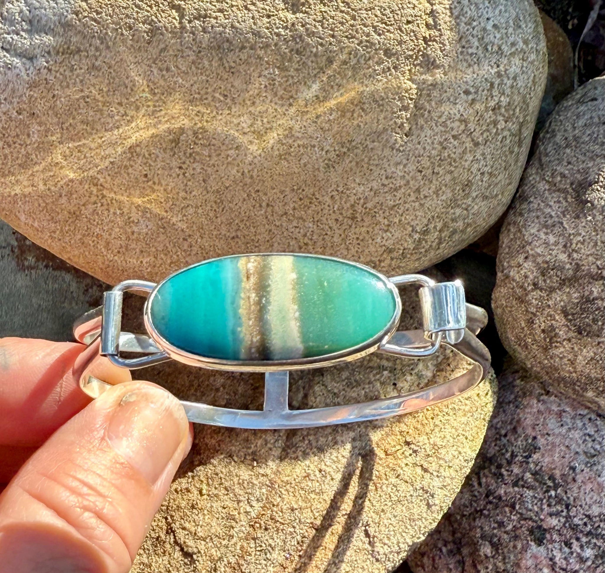 Indonesian Opal Bracelet in Sterling Silver, Bangle with Scenic Stone, OOAK bracelet