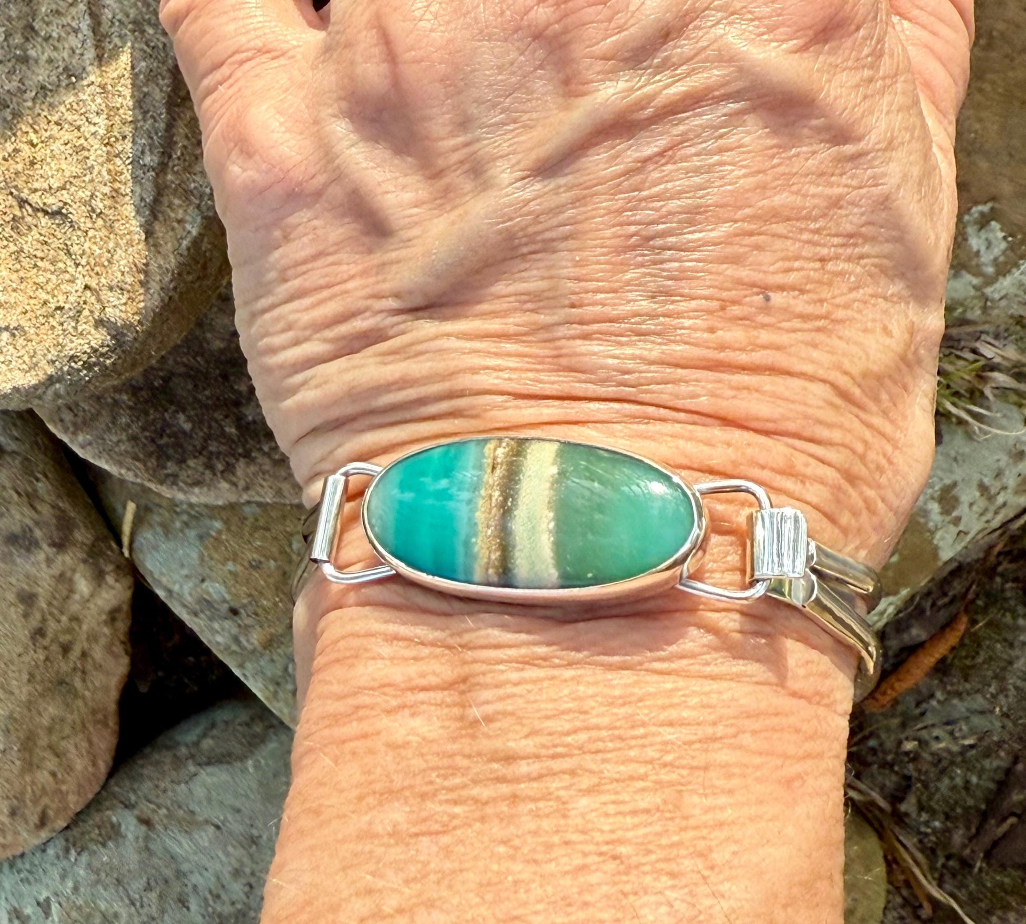 Indonesian Opal Bracelet in Sterling Silver, Bangle with Scenic Stone, OOAK bracelet