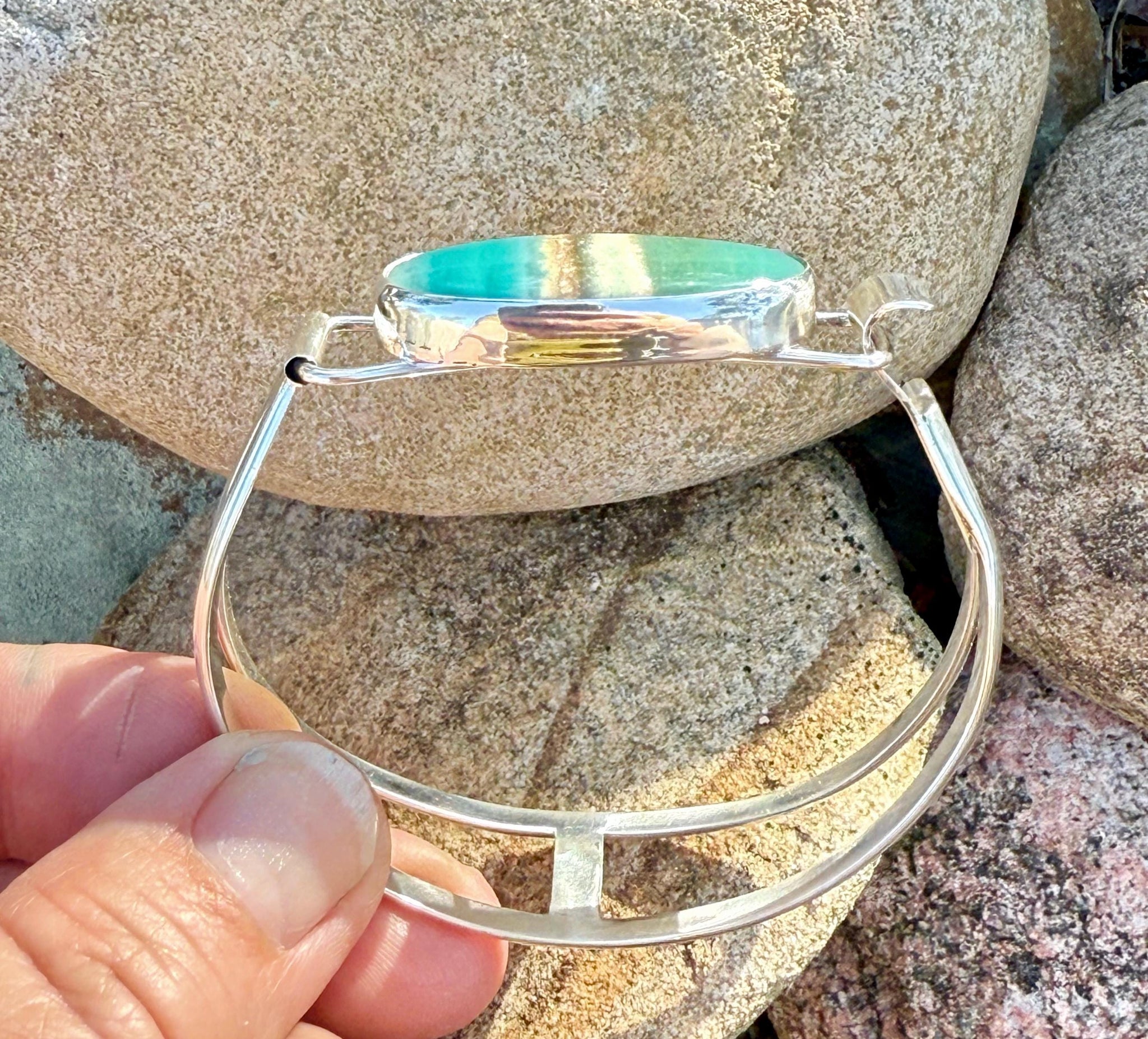 Indonesian Opal Bracelet in Sterling Silver, Bangle with Scenic Stone, OOAK bracelet