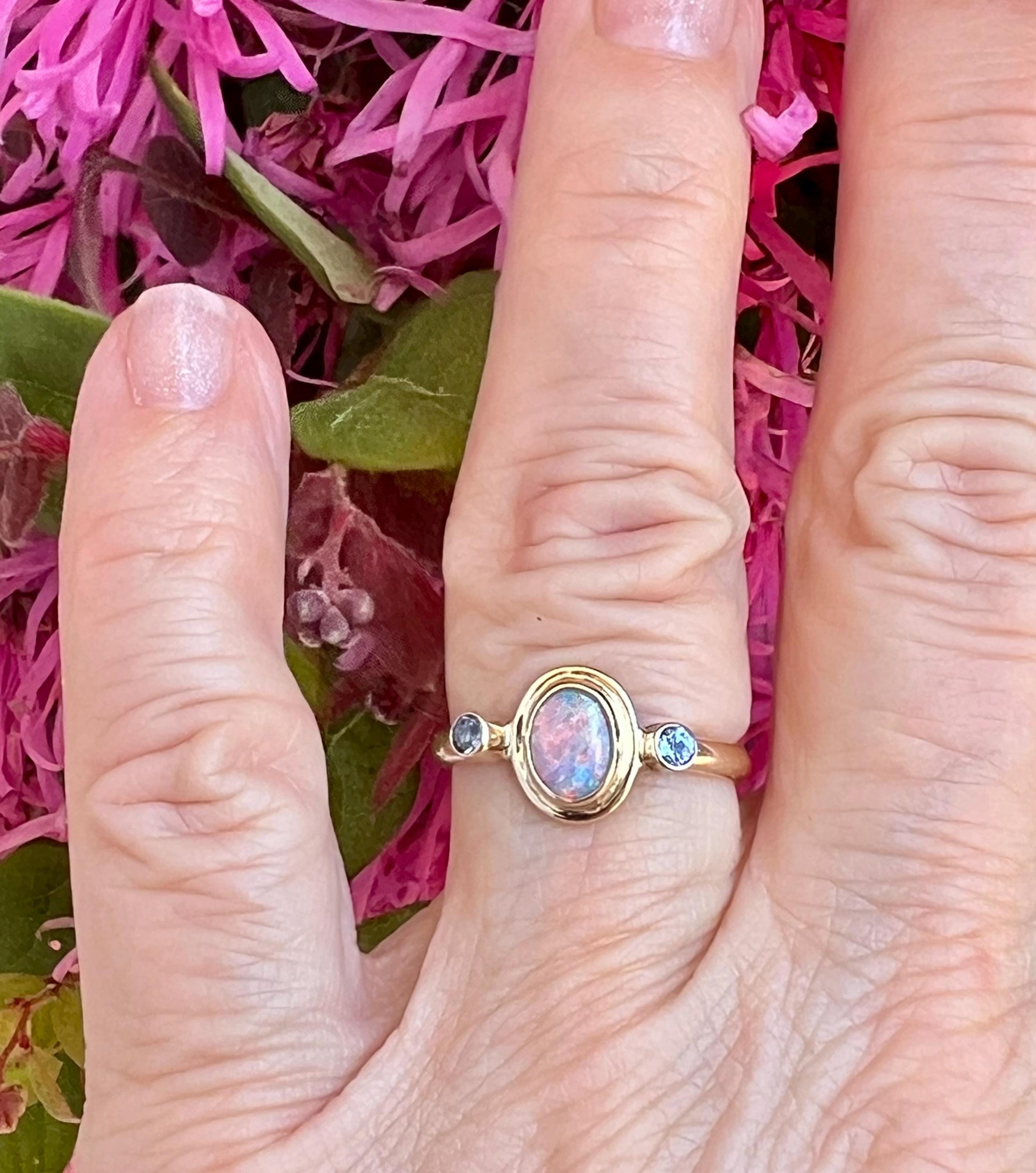 Australian Opal and Tanzanite in 14k Gold, Solid Opal Statement Ring, October Birthstone Ring