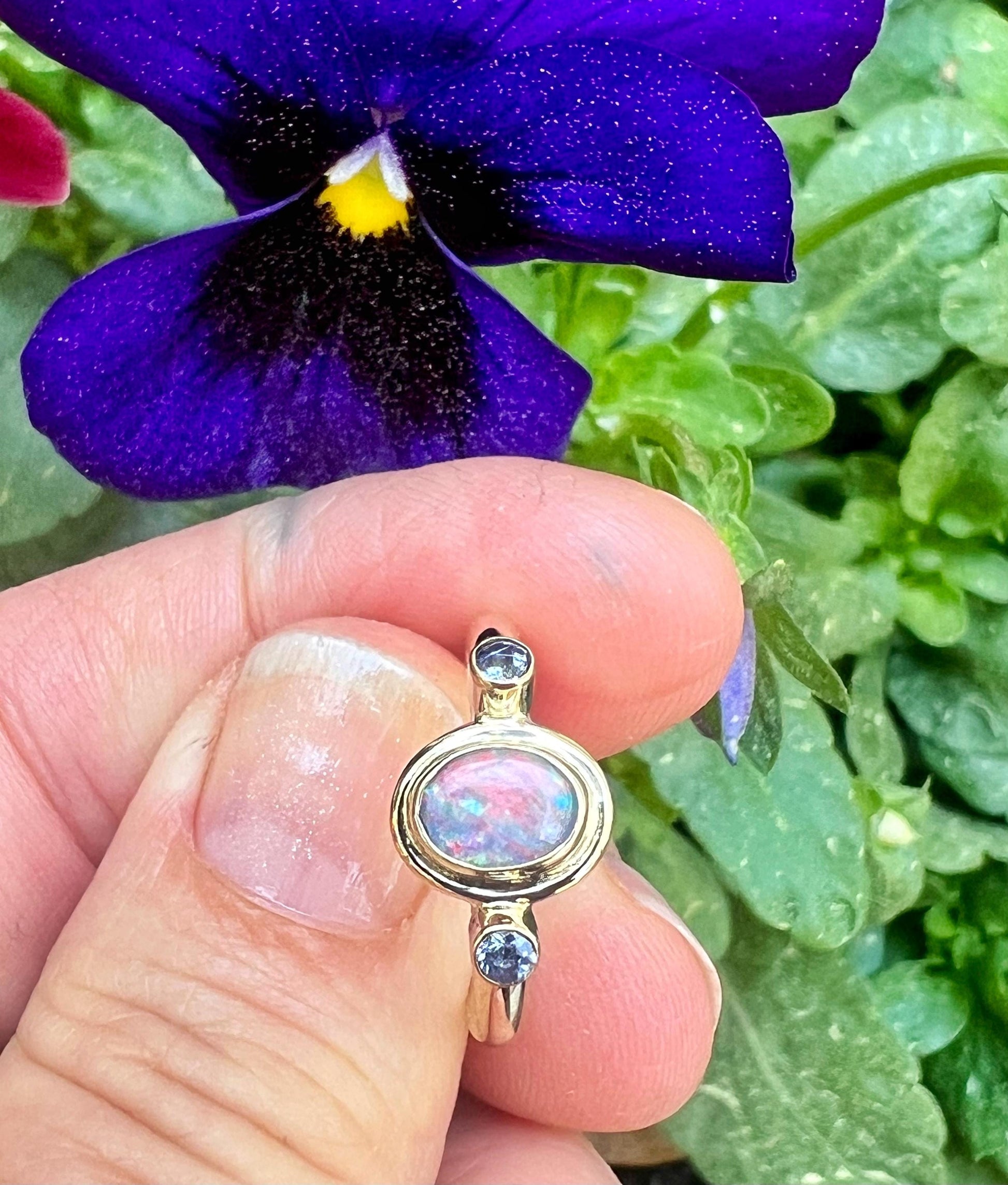 Australian Opal and Tanzanite in 14k Gold, Solid Opal Statement Ring, October Birthstone Ring