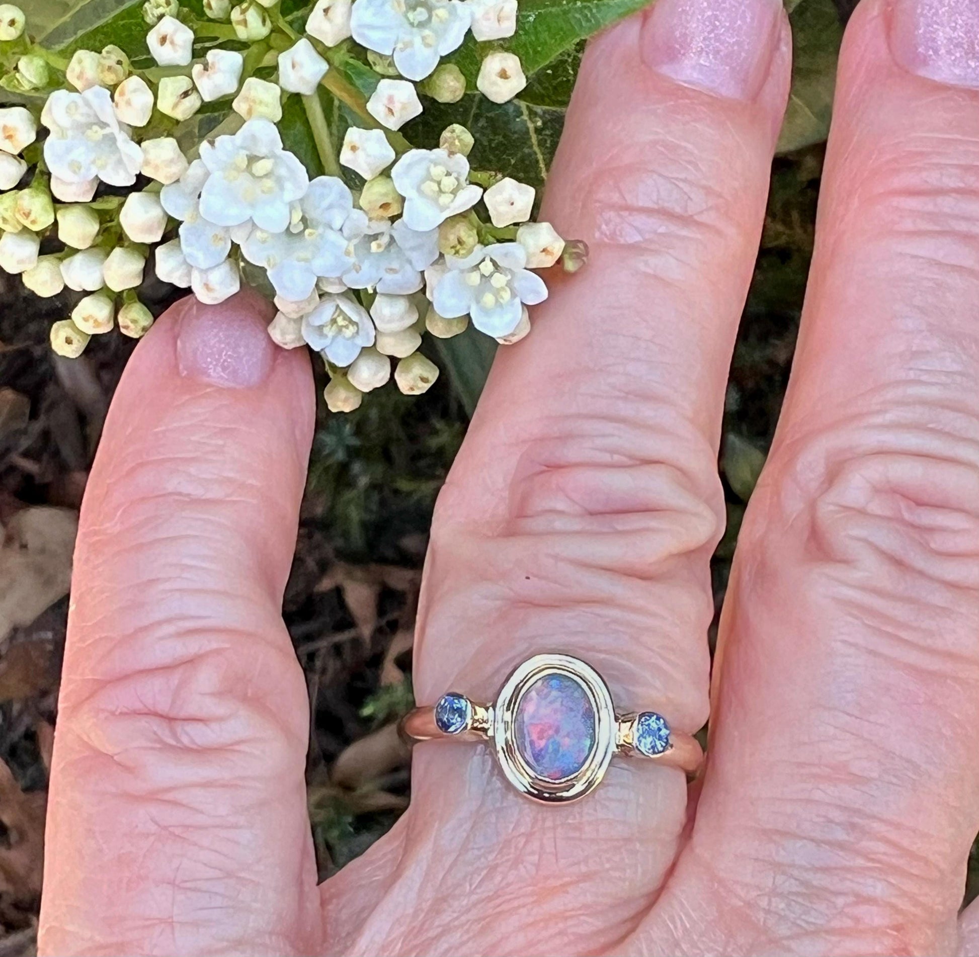 Australian Opal and Tanzanite in 14k Gold, Solid Opal Statement Ring, October Birthstone Ring