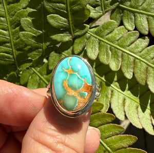Royston Turquoise Ring in 14k Gold Setting and Sterling Silver Band, Natural American Turquoise Statement Ring