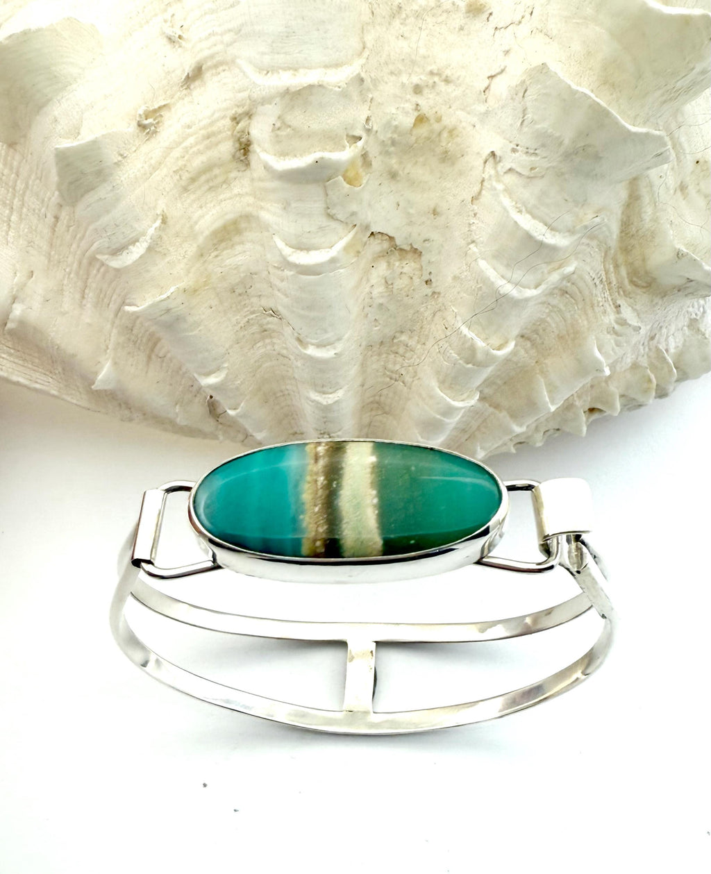 Indonesian Opal Bracelet in Sterling Silver, Bangle with Scenic Stone, OOAK bracelet