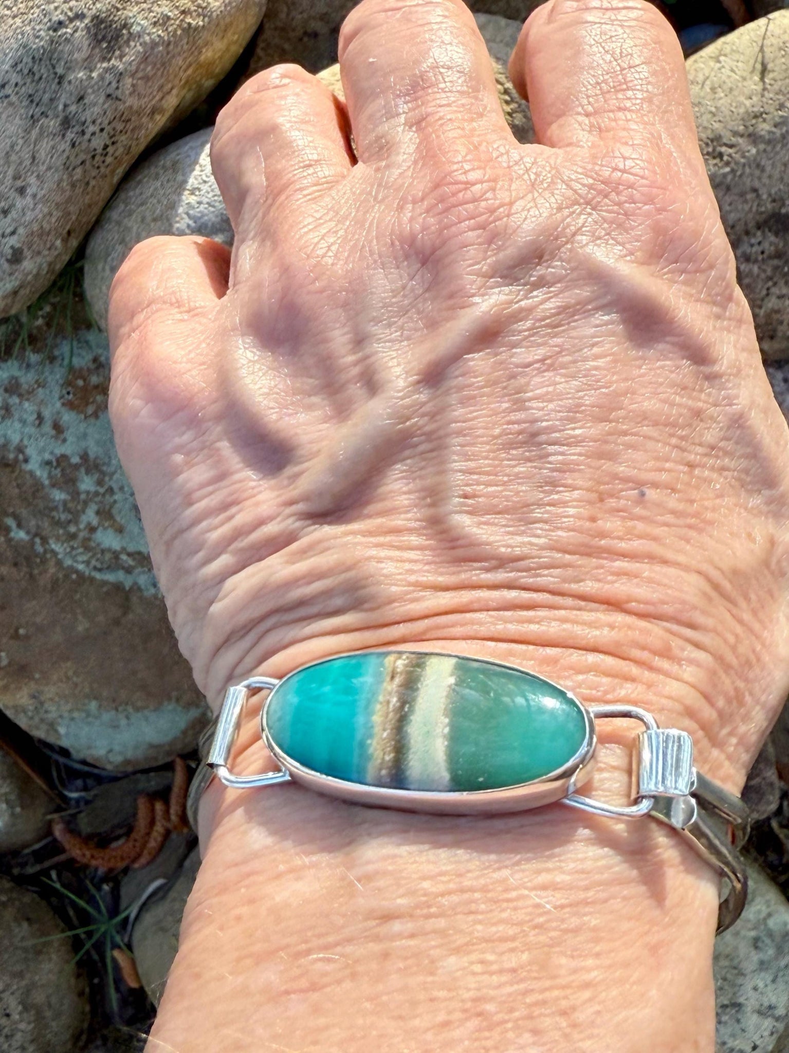 Indonesian Opal Bracelet in Sterling Silver, Bangle with Scenic Stone, OOAK bracelet