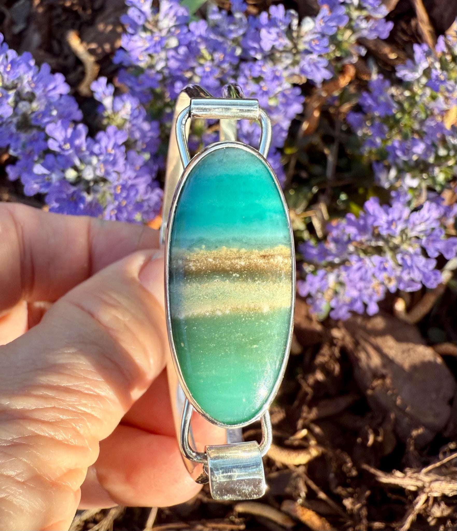 Indonesian Opal Bracelet in Sterling Silver, Bangle with Scenic Stone, OOAK bracelet