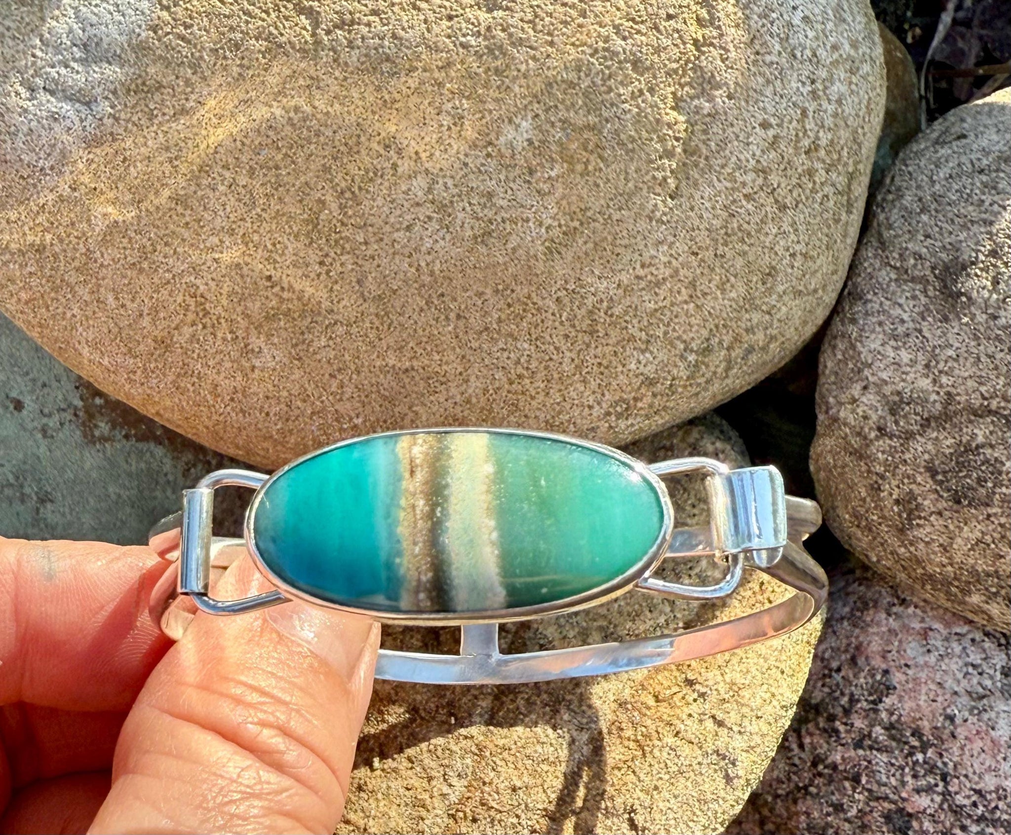 Indonesian Opal Bracelet in Sterling Silver, Bangle with Scenic Stone, OOAK bracelet