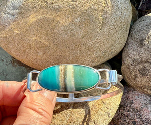 Indonesian Opal Bracelet in Sterling Silver, Bangle with Scenic Stone, OOAK bracelet