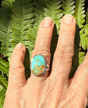 Royston Turquoise Ring in 14k Gold Setting and Sterling Silver Band, Natural American Turquoise Statement Ring