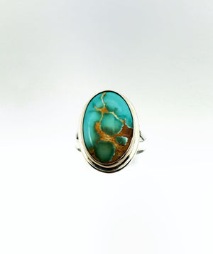 Royston Turquoise Ring in 14k Gold Setting and Sterling Silver Band, Natural American Turquoise Statement Ring