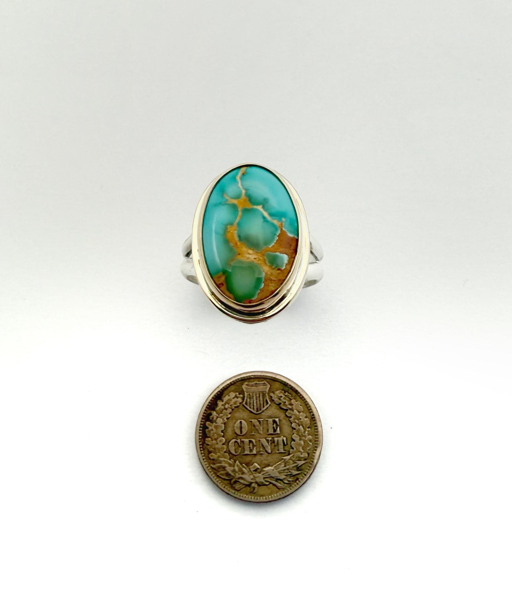 Royston Turquoise Ring in 14k Gold Setting and Sterling Silver Band, Natural American Turquoise Statement Ring