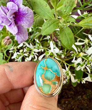 Royston Turquoise Ring in 14k Gold Setting and Sterling Silver Band, Natural American Turquoise Statement Ring
