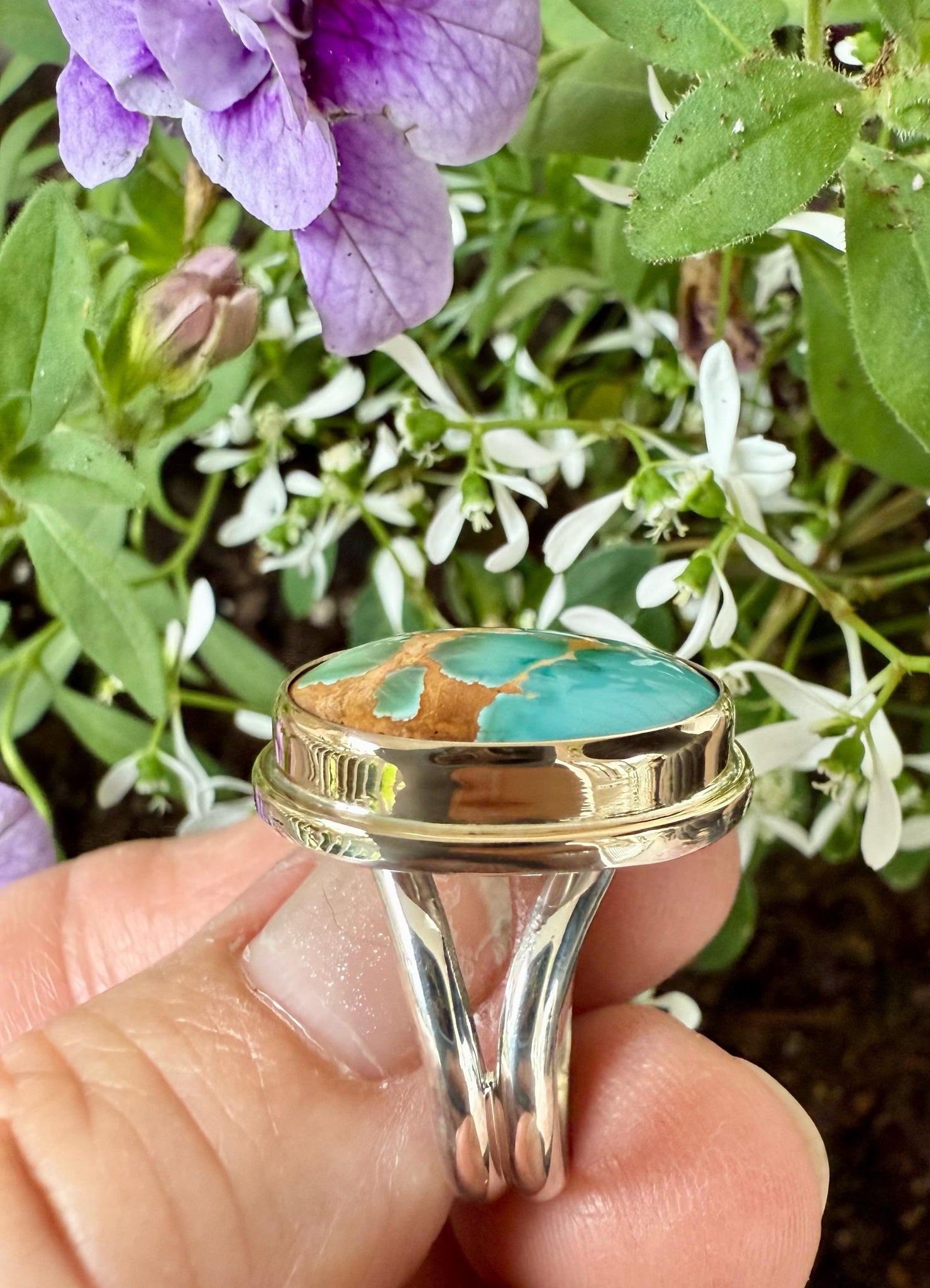 Royston Turquoise Ring in 14k Gold Setting and Sterling Silver Band, Natural American Turquoise Statement Ring