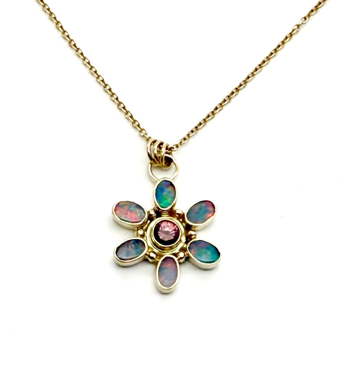 Australian Opal and Rhodolite Garnet Flower Pendant in 14k Gold