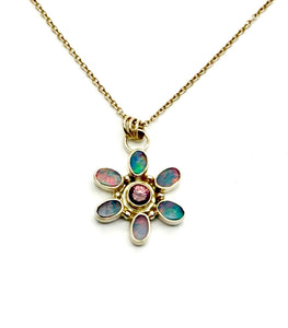 Australian Opal and Rhodolite Garnet Flower Pendant in 14k Gold