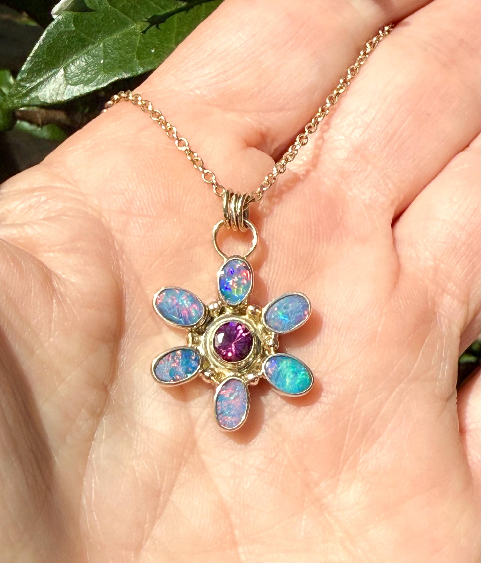 Australian Opal and Rhodolite Garnet Flower Pendant in 14k Gold