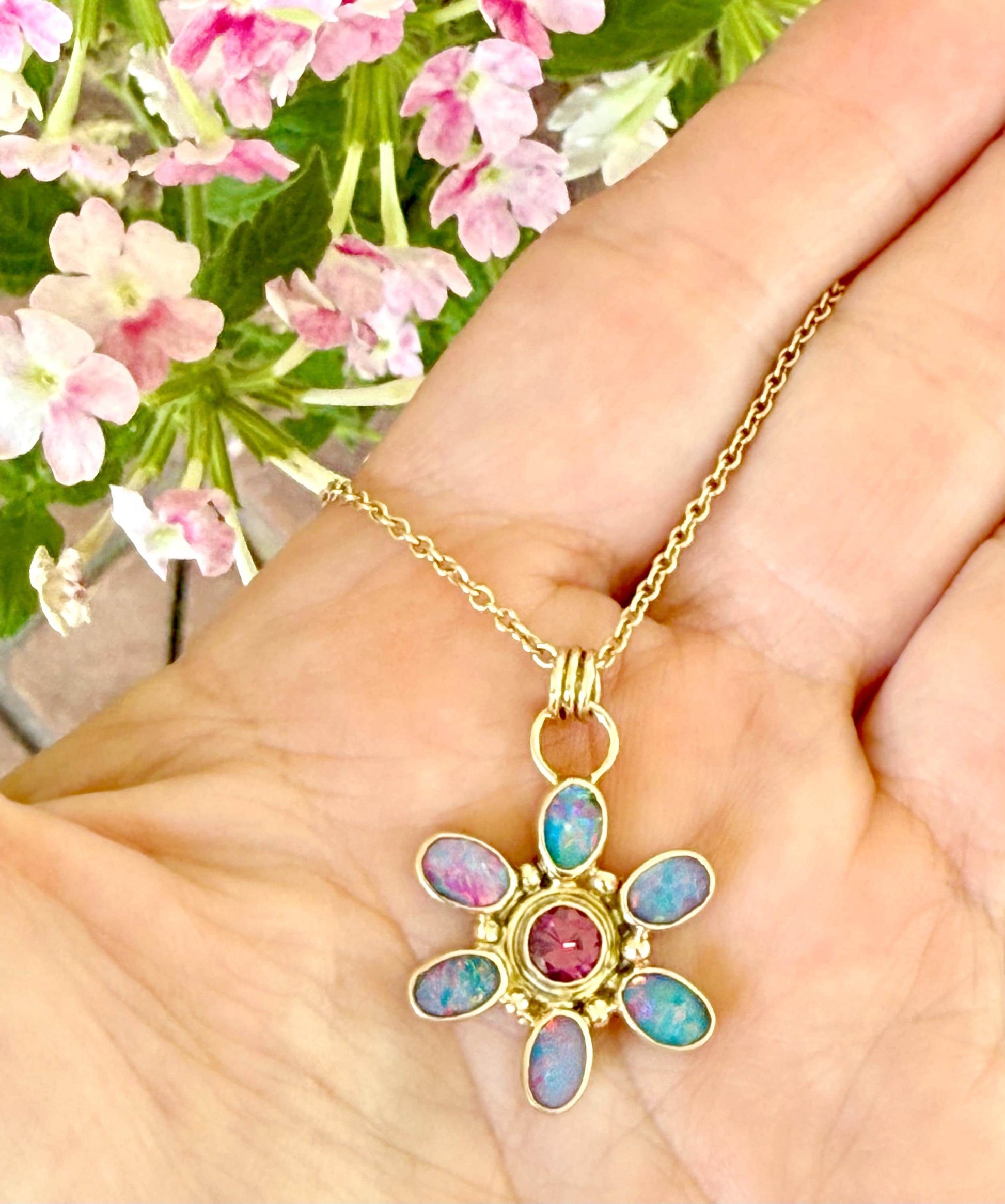 Australian Opal and Rhodolite Garnet Flower Pendant in 14k Gold
