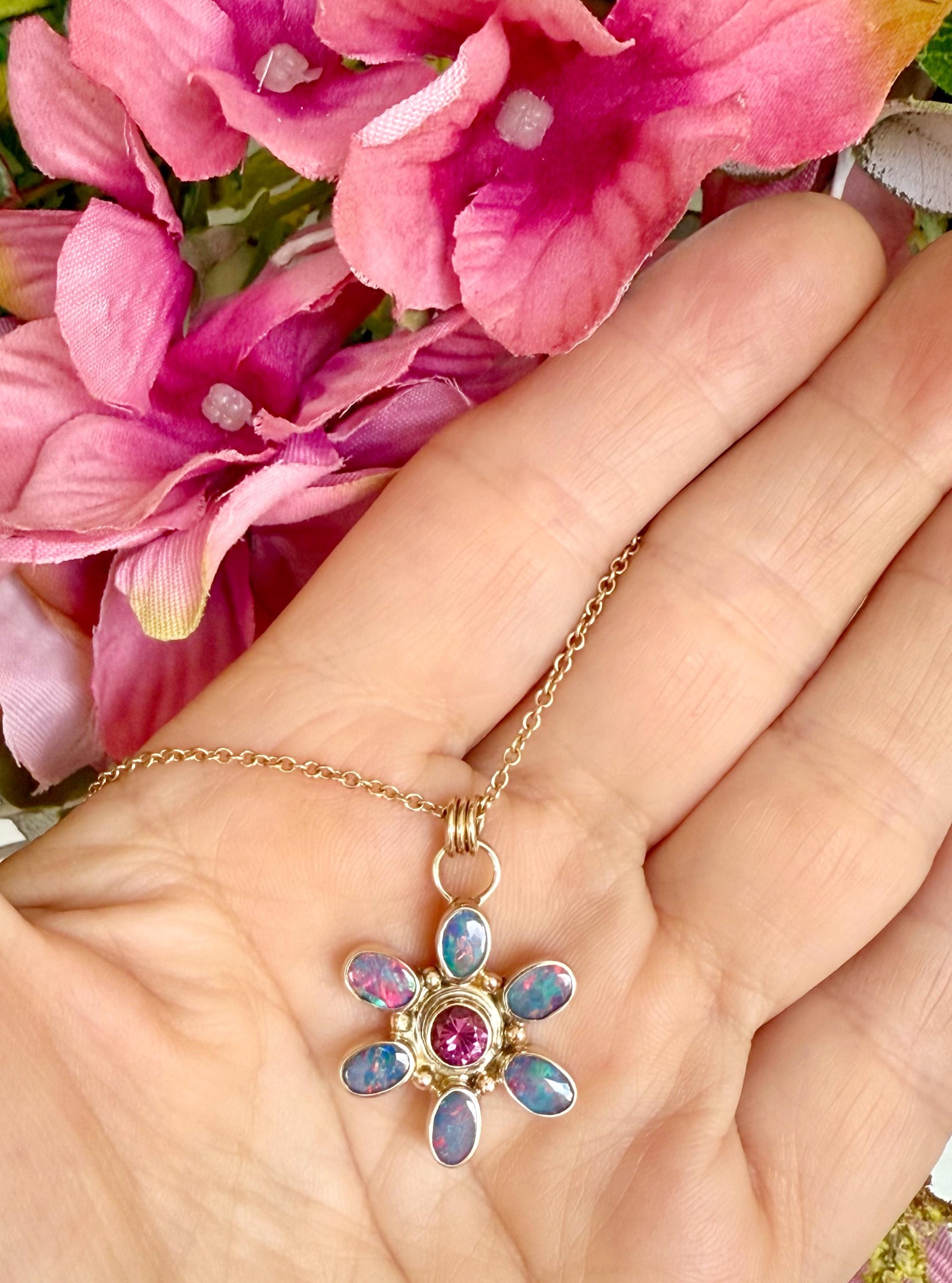 Australian Opal and Rhodolite Garnet Flower Pendant in 14k Gold
