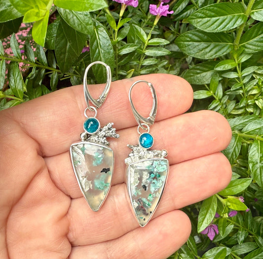 Confetti Chrysocolla and Neon Apatite Earrings, Sugar Water Flower Agate in Sterling Silver