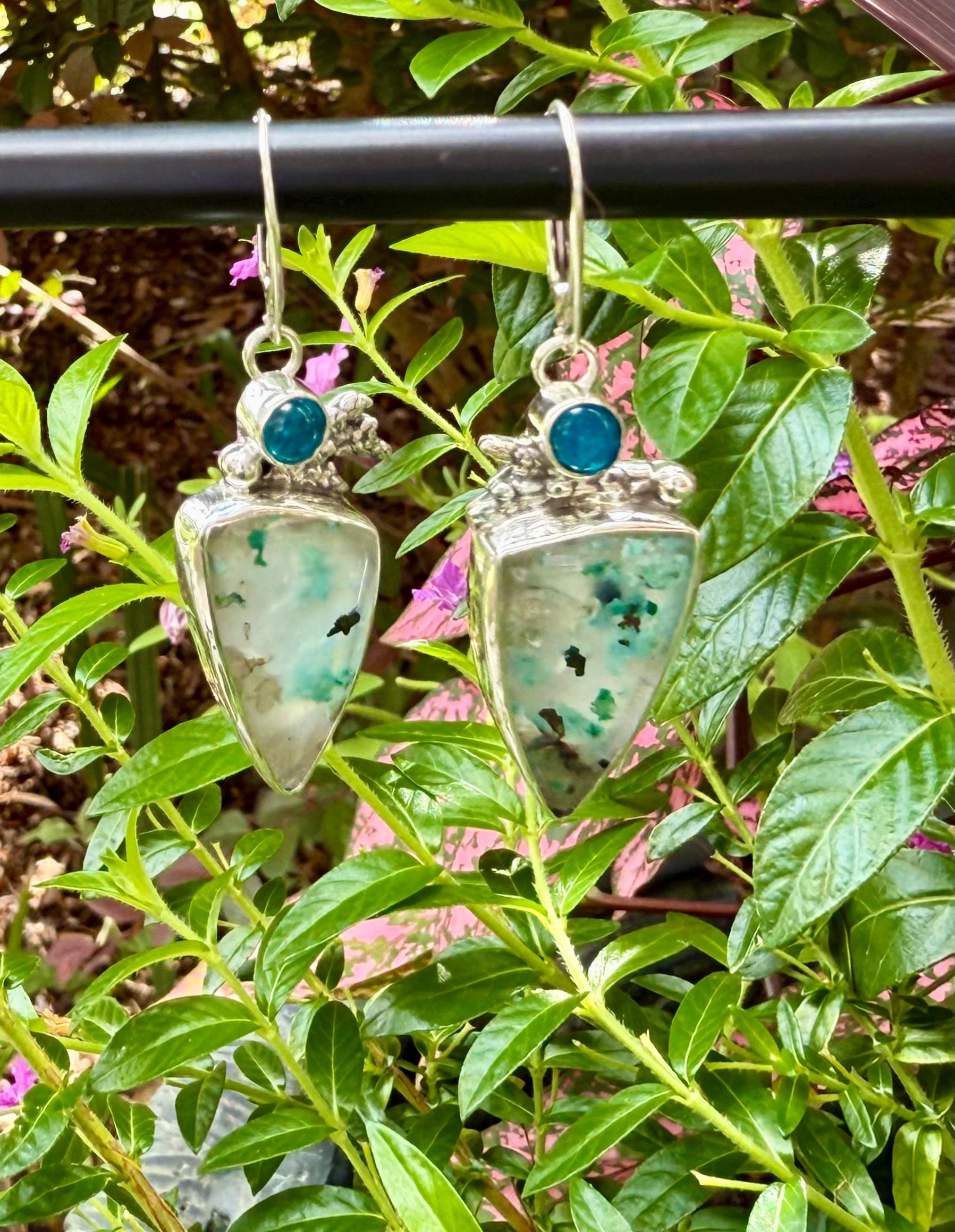 Confetti Chrysocolla and Neon Apatite Earrings, Sugar Water Flower Agate in Sterling Silver