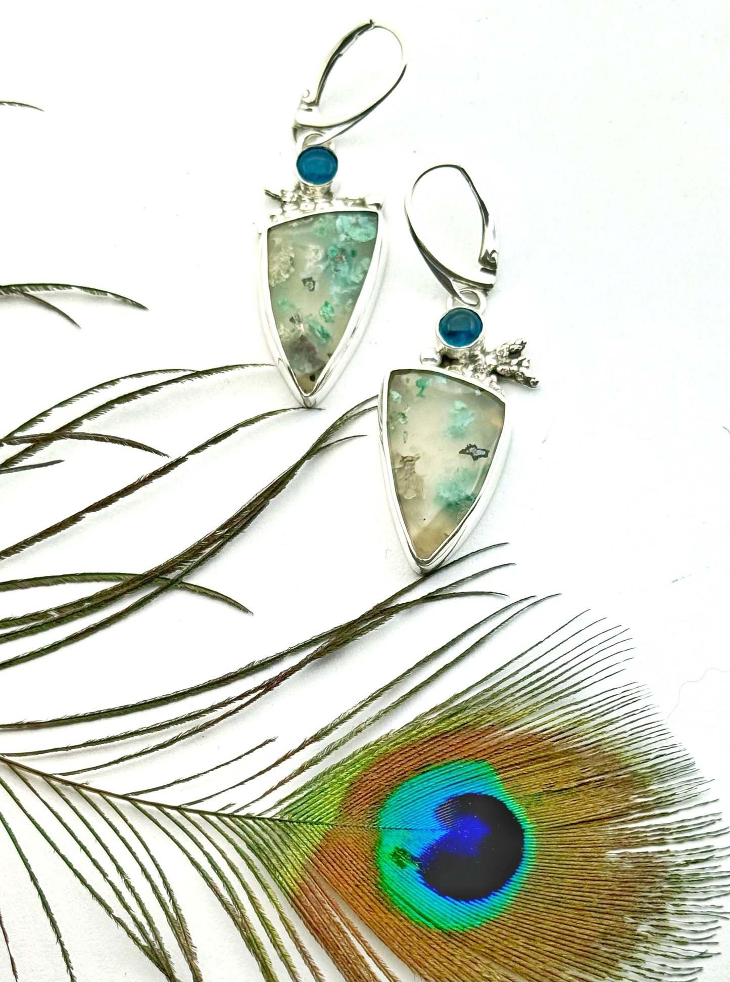 Confetti Chrysocolla and Neon Apatite Earrings, Sugar Water Flower Agate in Sterling Silver