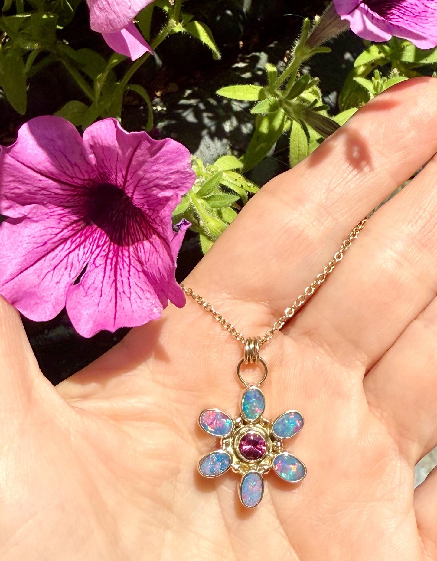 Australian Opal and Rhodolite Garnet Flower Pendant in 14k Gold