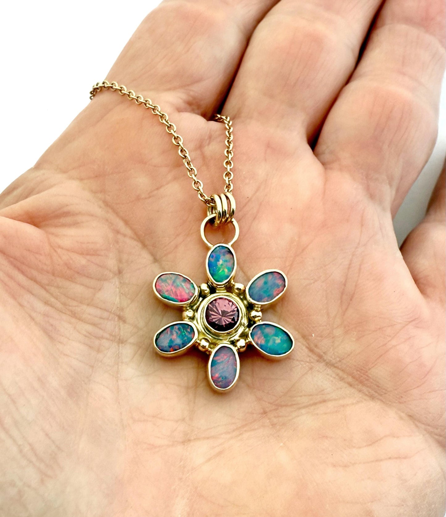 Australian Opal and Rhodolite Garnet Flower Pendant in 14k Gold