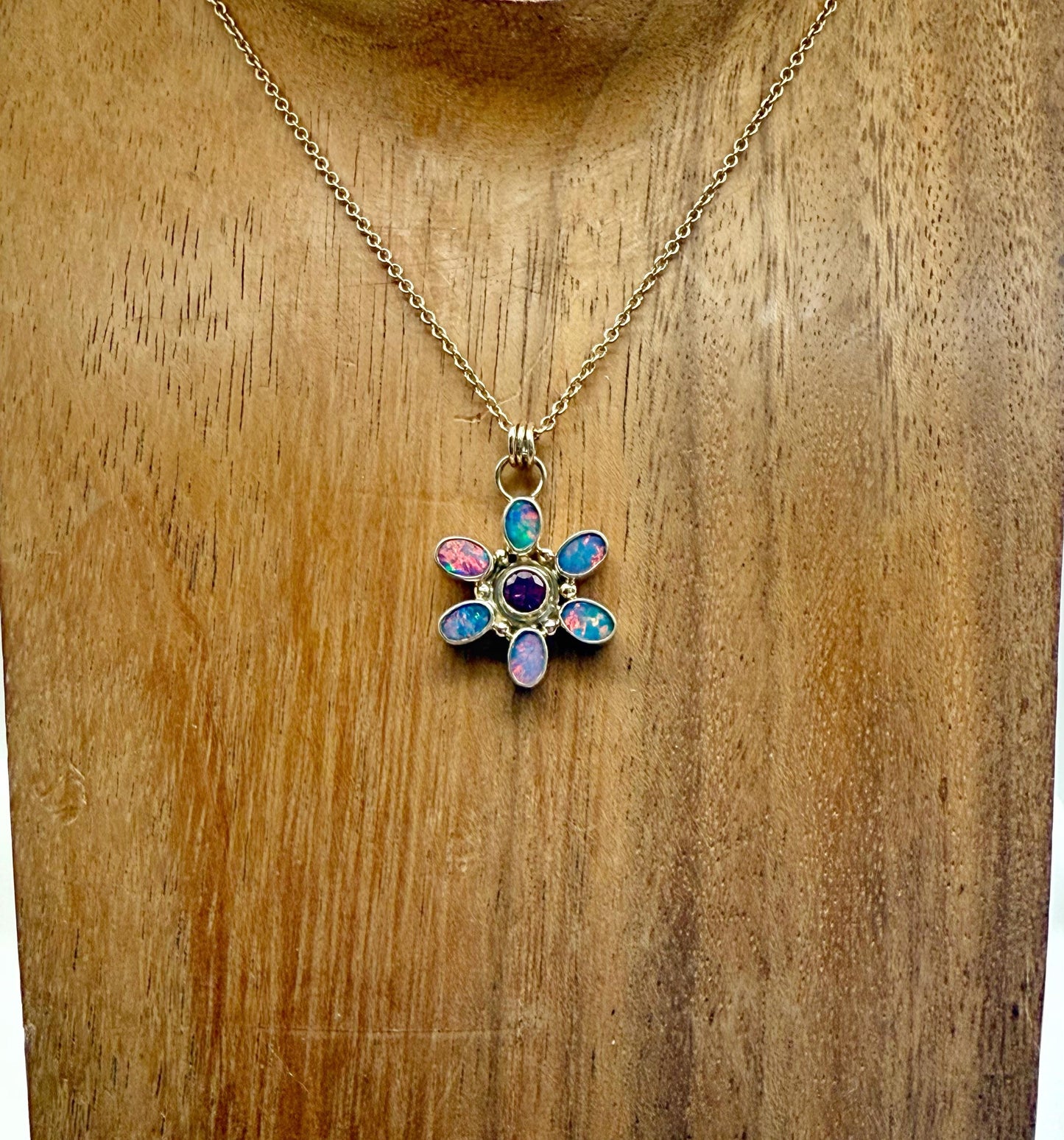 Australian Opal and Rhodolite Garnet Flower Pendant in 14k Gold