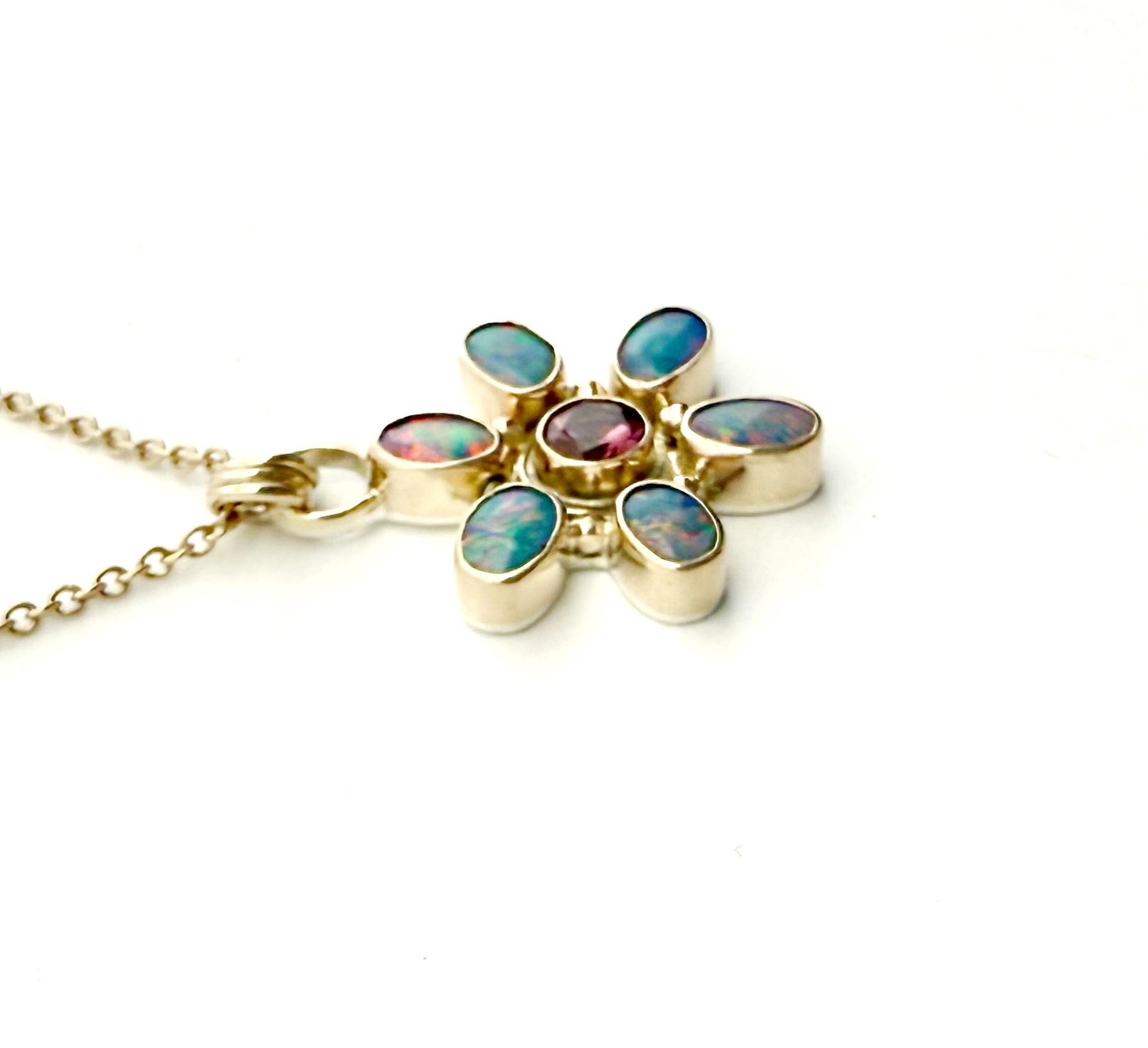 Australian Opal and Rhodolite Garnet Flower Pendant in 14k Gold