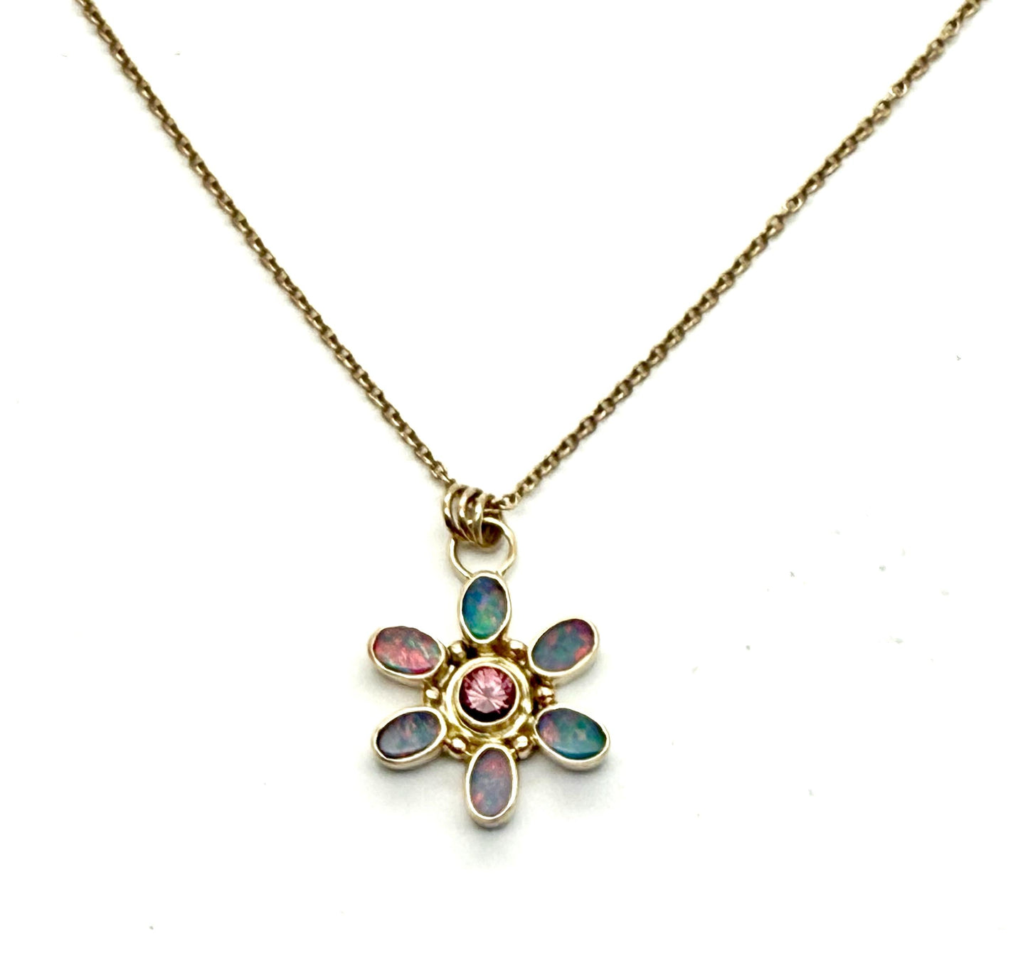 Australian Opal and Rhodolite Garnet Flower Pendant in 14k Gold