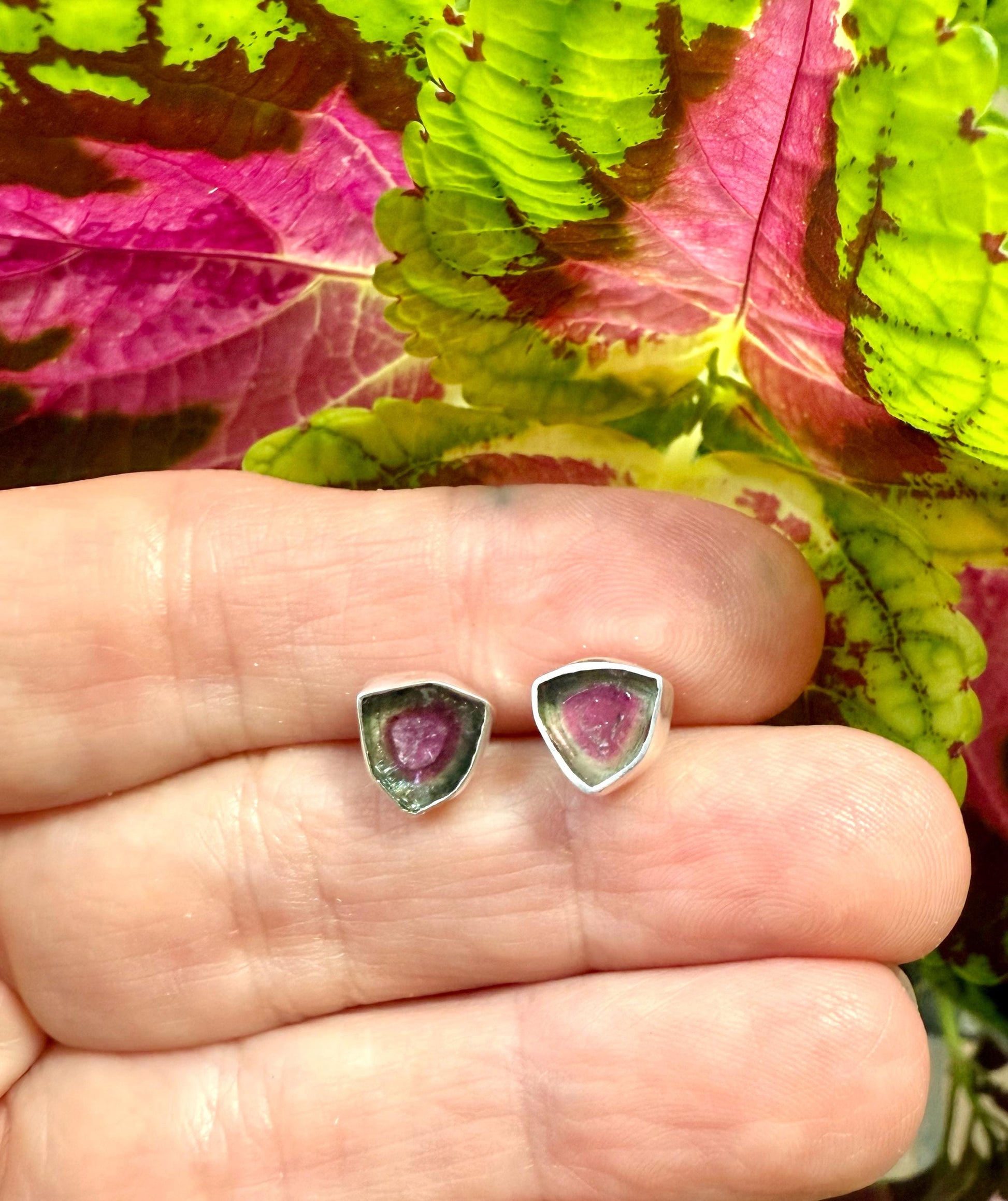 Watermelon Tourmaline Studs, Sterling Silver Gemstone Earrings, October Birthstone