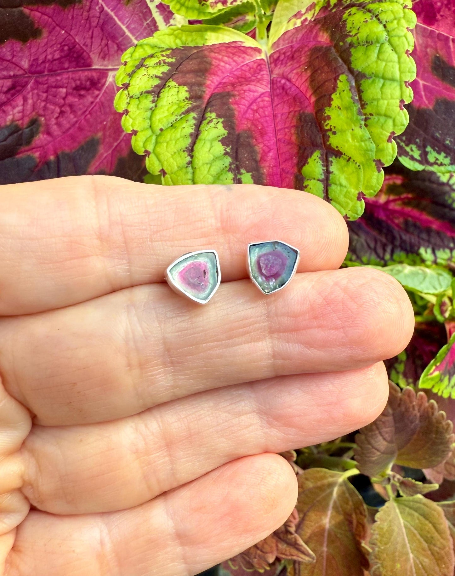 Watermelon Tourmaline Studs, Sterling Silver Gemstone Earrings, October Birthstone