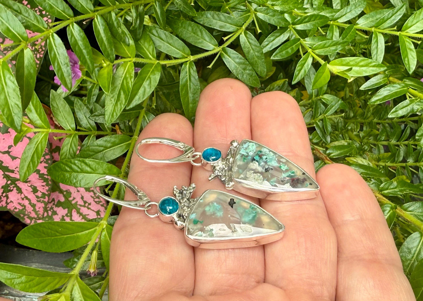 Confetti Chrysocolla and Neon Apatite Earrings, Sugar Water Flower Agate in Sterling Silver
